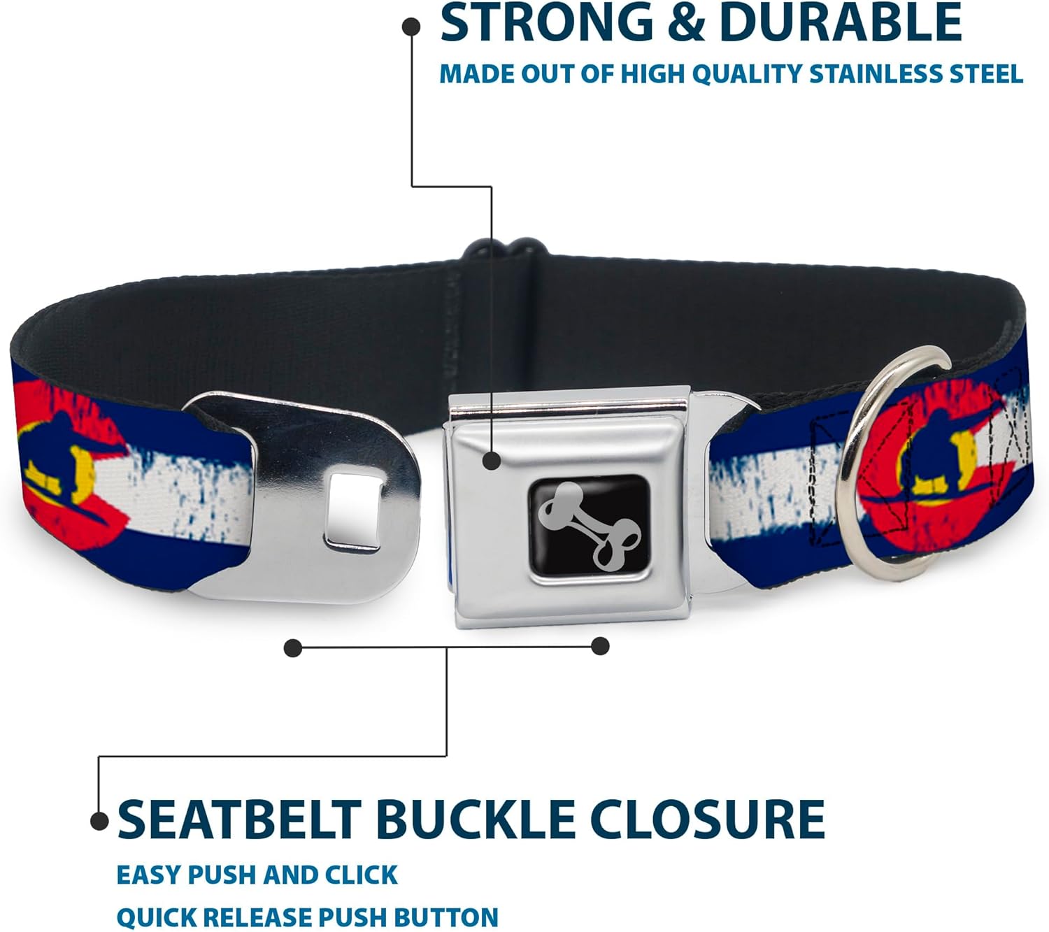 Buckle-Down 9-15" Colorado Flag/Snowboarder Weathered Dog Collar Bone, Small