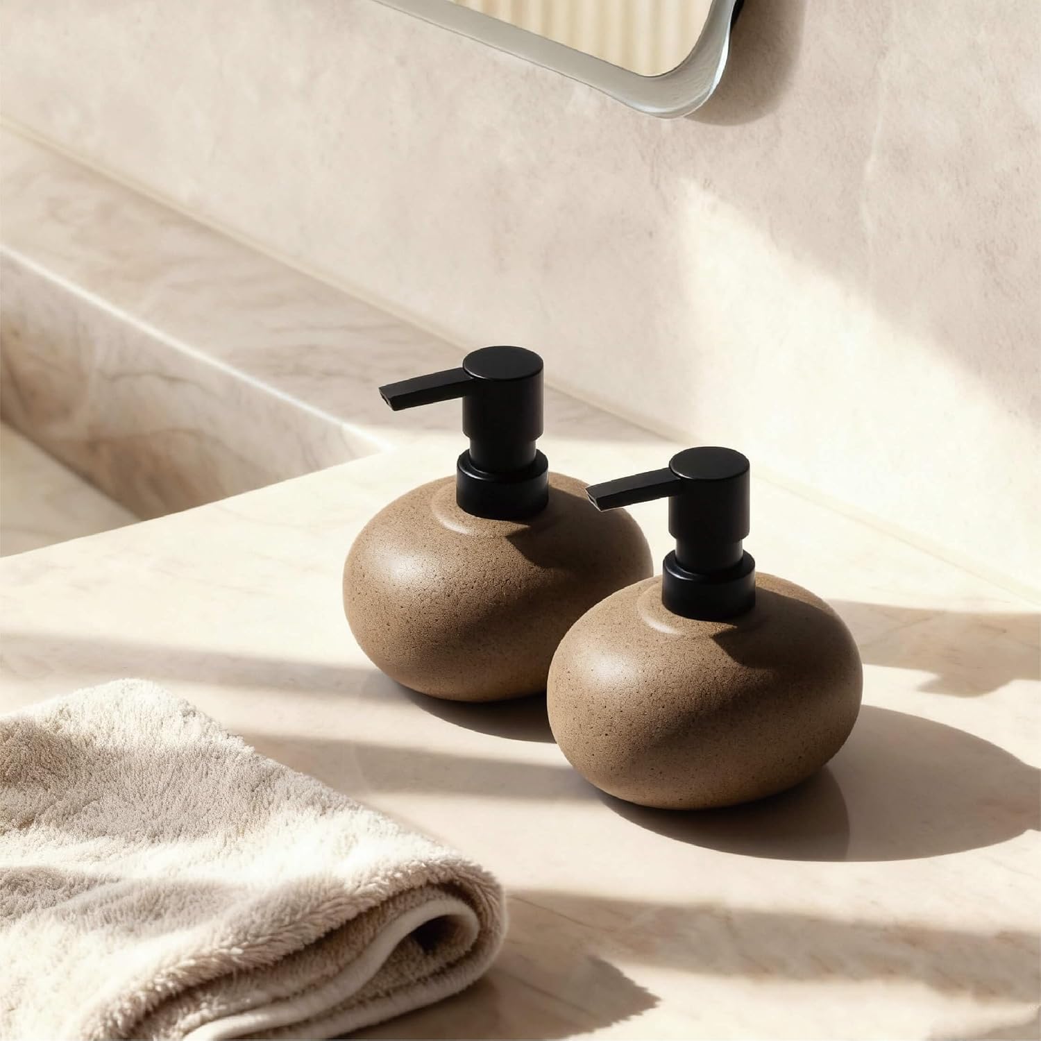 10oz Ceramic Hand Soap Dispenser, Elegant Liquid Soap Dispenser for Bathroom Countertop, Heavy & Sturdy Dish Soap Dispenser for Kitchen (Brown Set of 2)