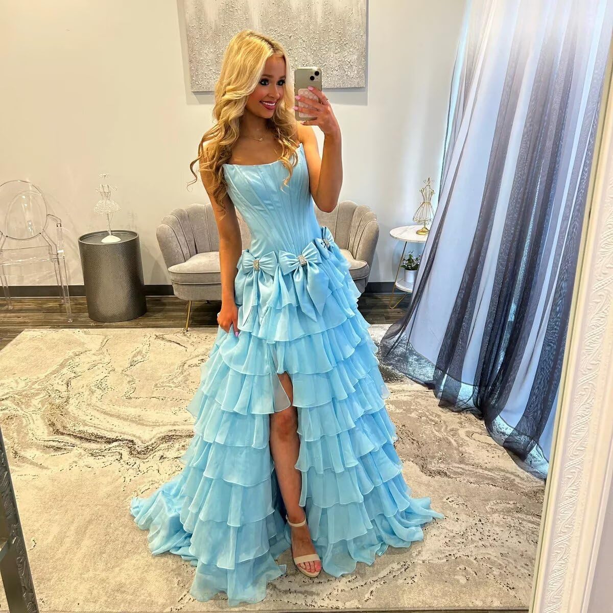 Chiffon Prom Dresses for Women Strapless Evening Gowns Tiered Side Slit Evening Gown with Bow