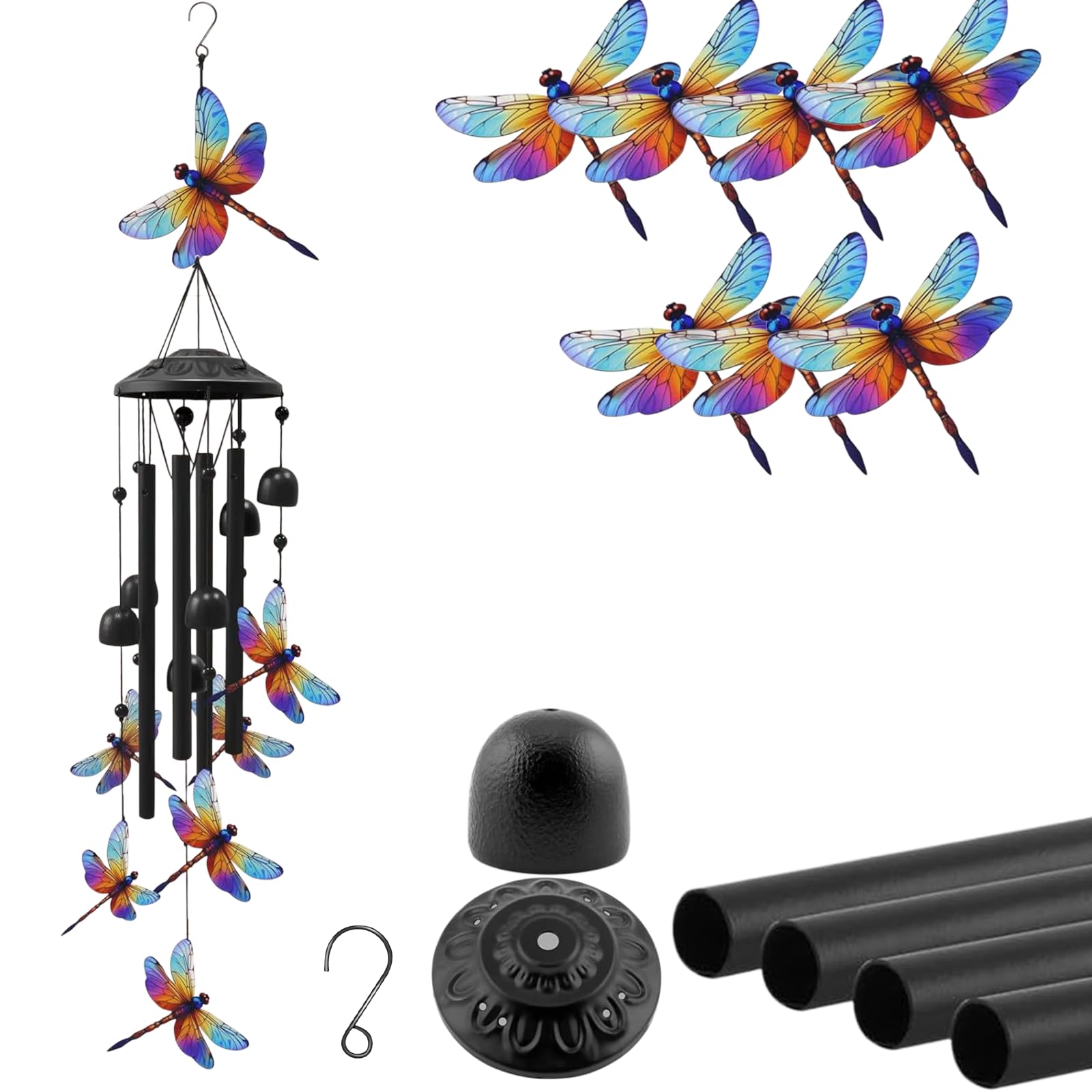 Vintage Colorful Hummingbird Wind Chimes for Outside, Metal Wind Chime with 7 Hummingbirds, 4 Aluminum Tubes, Garden Decor for Patio Porch Yard (#B)