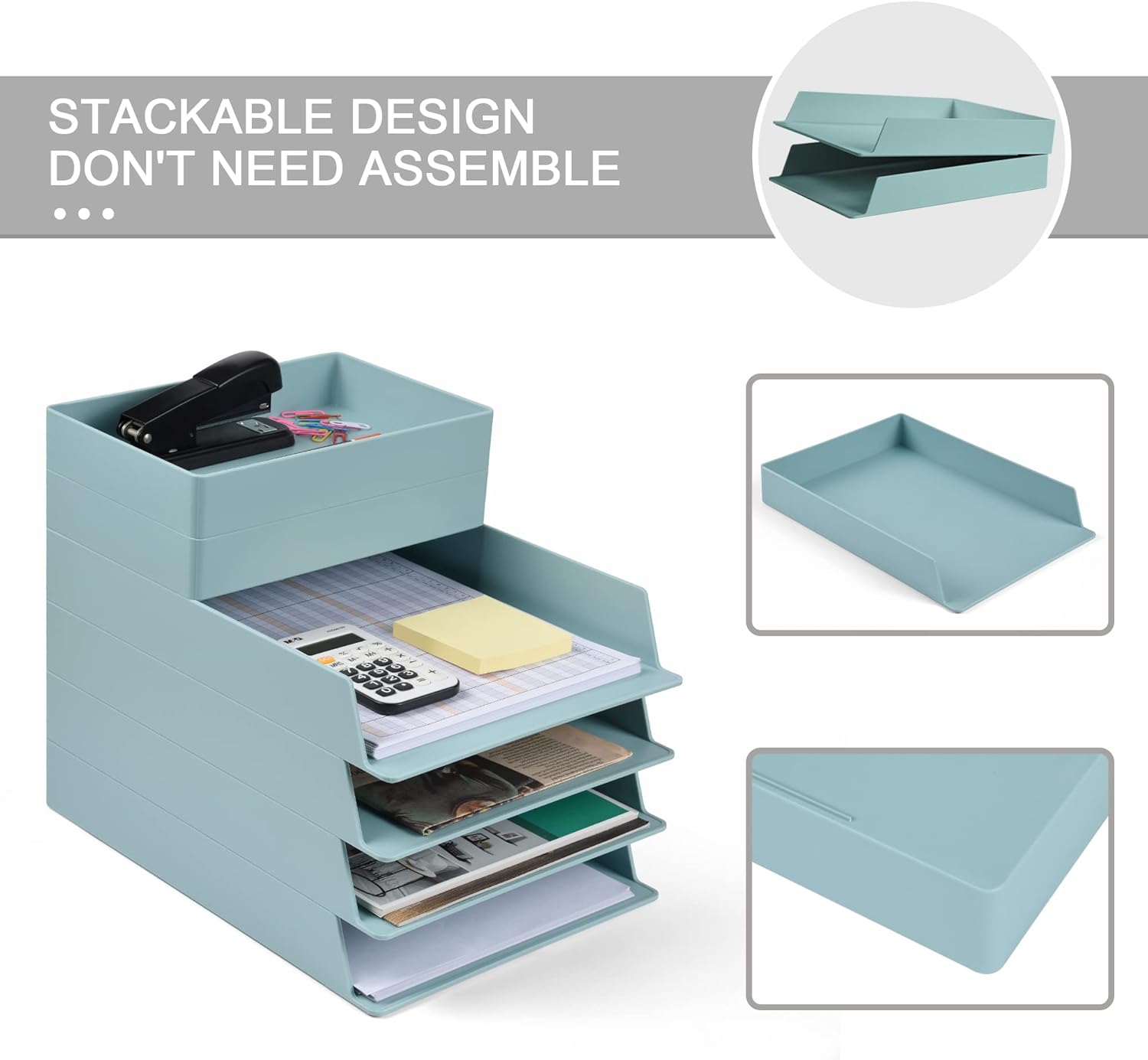 4 Tier Stackable Letter Tray File Organizer, Desktop Document File Tray Paper Sorter, Blue A4 Paper Organizer for Home, Office, School
