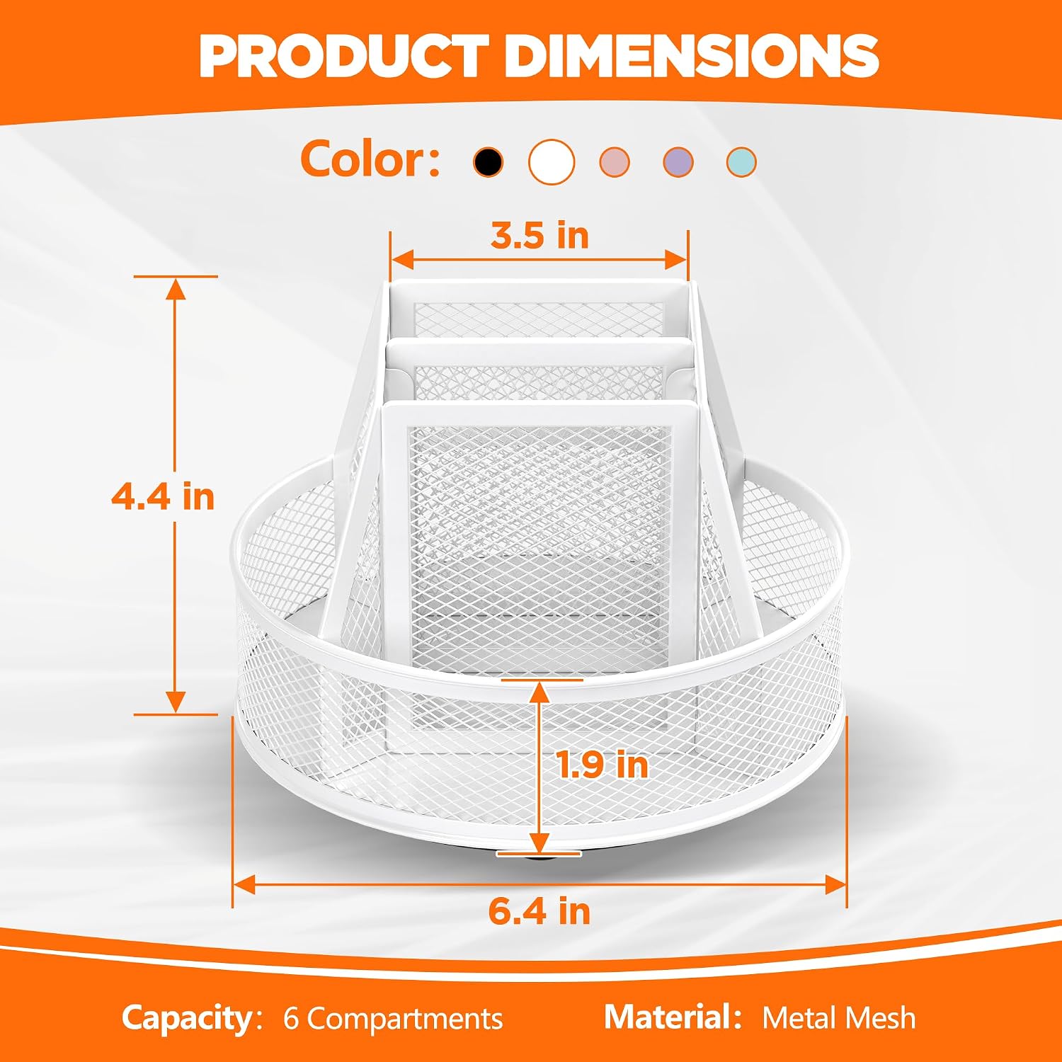 Docnest 360°Rotating Mesh Desk Organizer,6-Compartment Pen Holder,White image 2