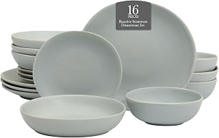 Zion Mist 16 Piece Stoneware Reactive Glaze (Service for 4) Ceramic Plates and Bowls Modern Organic Dinnerware Set - Blue