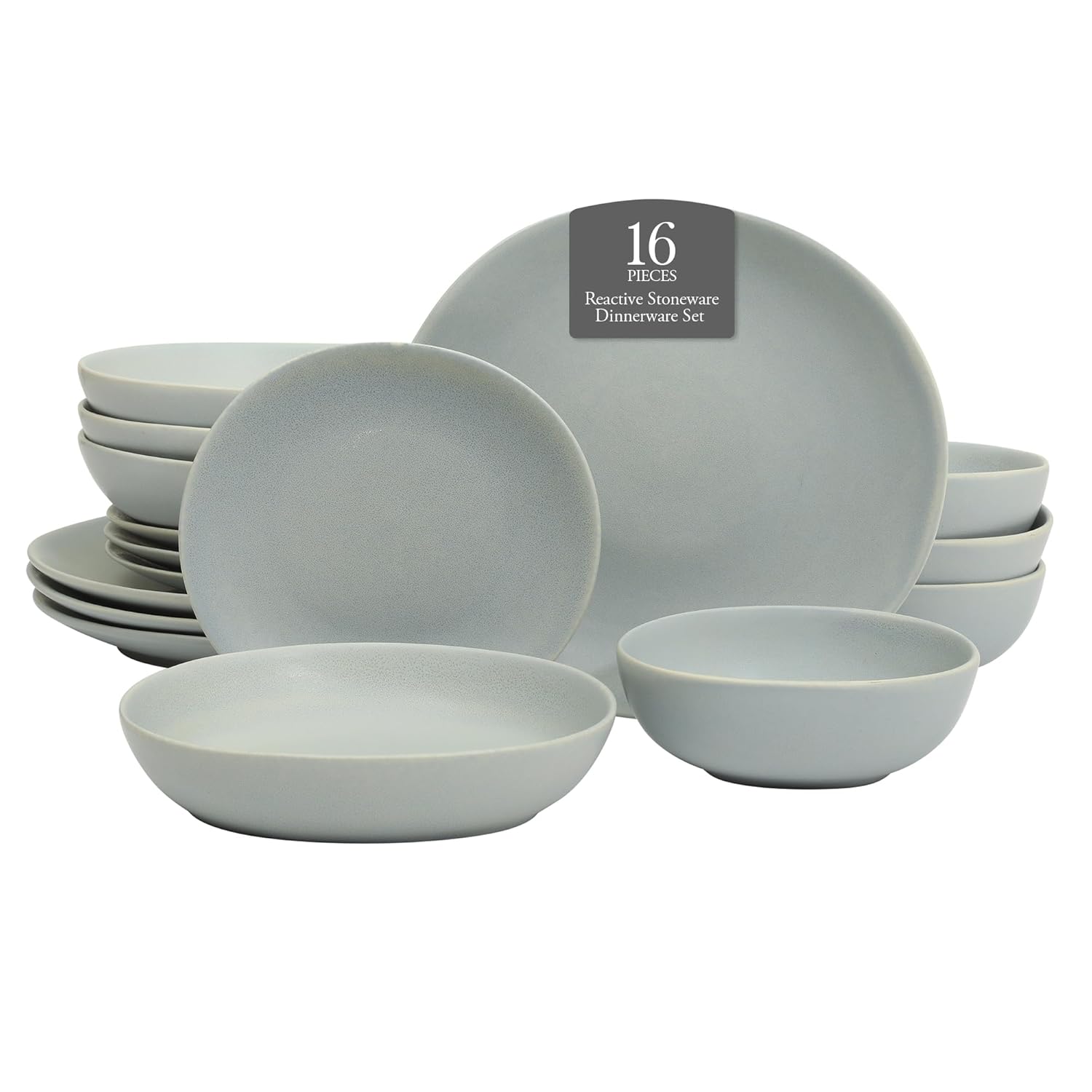 Gibson Elite Zion Mist 16 Piece Stoneware Reactive Glaze (Service for 4) Ceramic Plates and Bowls Modern Organic Dinnerware Set - Blue