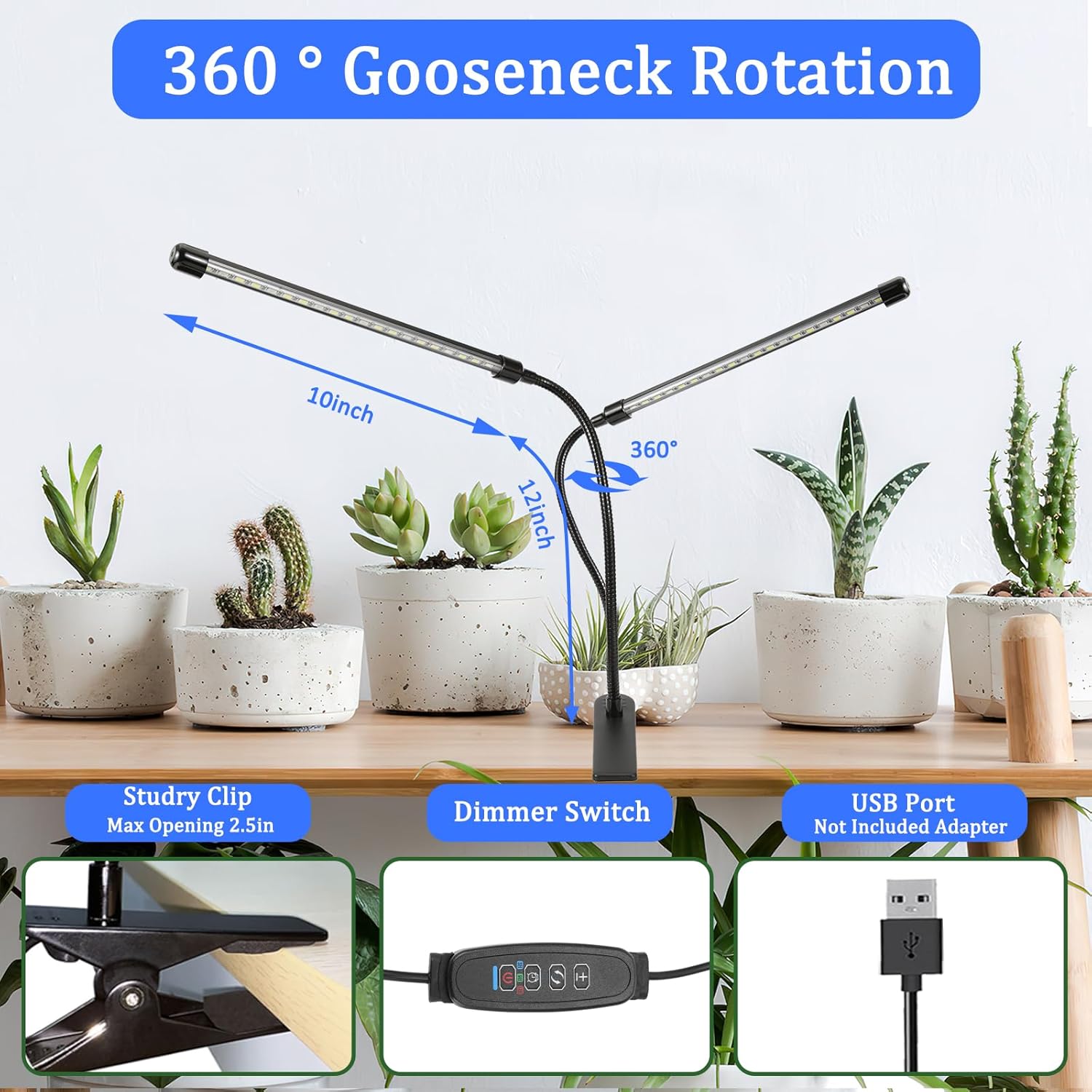 Grow Lights for Indoor Plants, Full Spectrum Plant Growing Lights with Auto On Off 3/9/12H Timer, 9 Level Dimmable, 3 Light Modes Clip on Grow Lamp for Indoor Seed Starting/Succulent, 2 Packs
