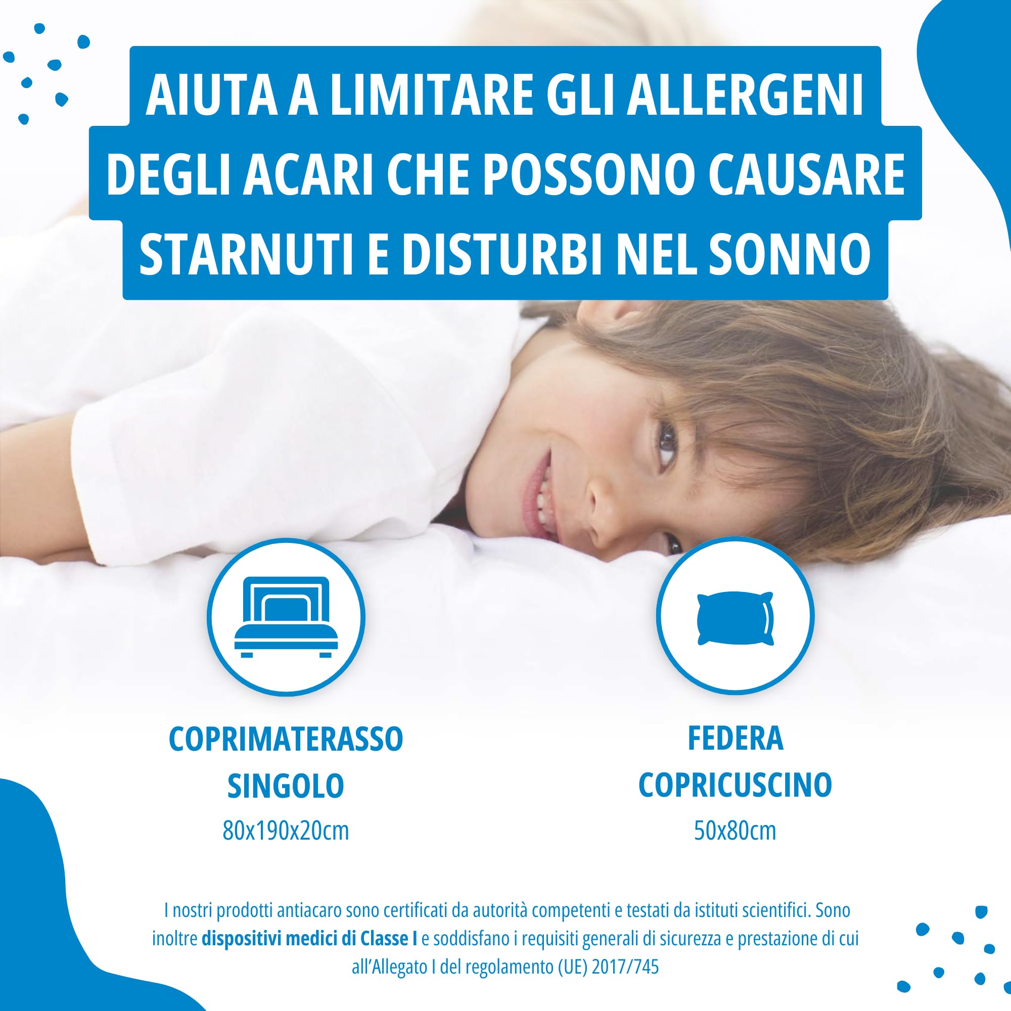 Allergosystem Set Coprimaterasso Antiacaro Singolo con Cerniera 80x190x20cm e Copriscuscino Letto 50x80cm - Dispositivo Medico Antiacaro e Anallergico MADE IN ITALY - Linea Nuvola