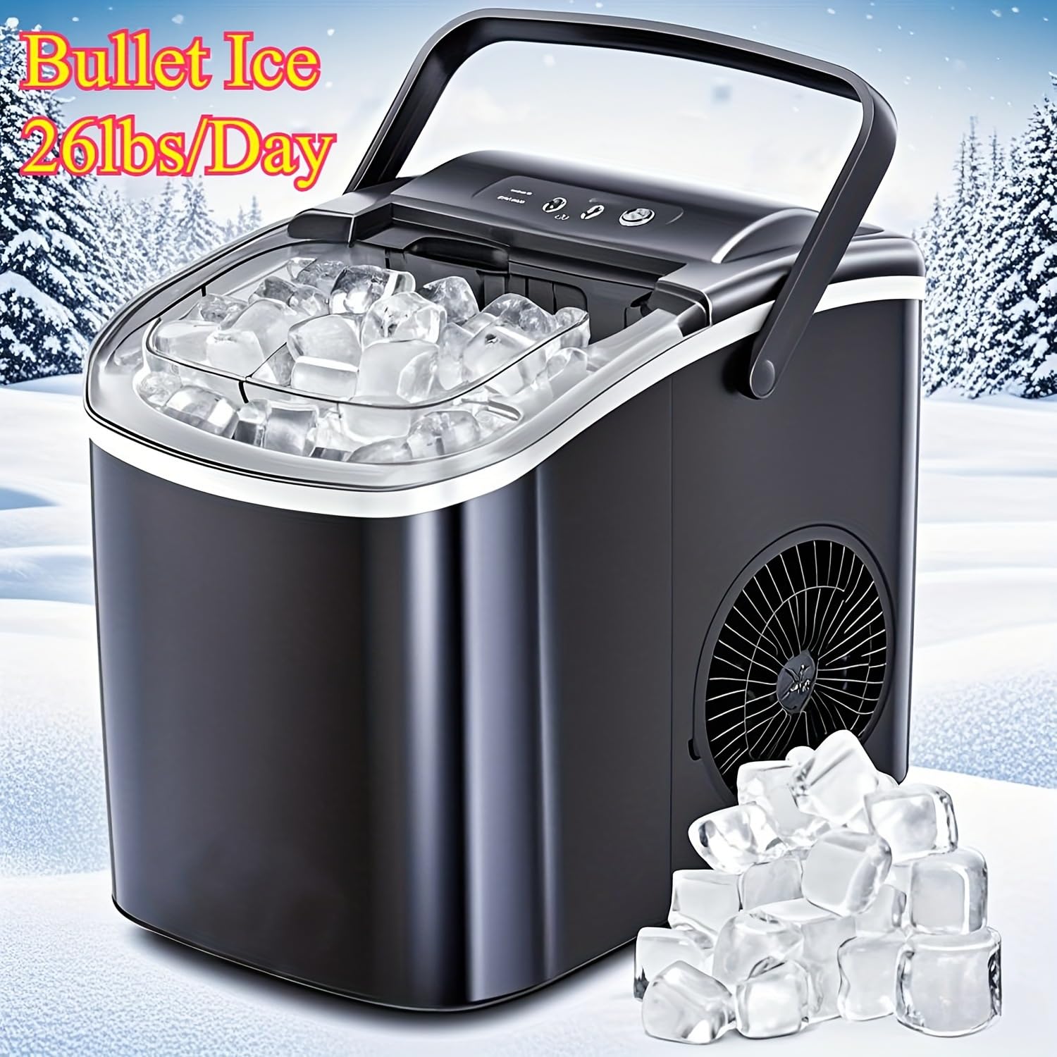 Portable Countertop Ice Maker, 26 lbs per Day, 9 Ice Cubes in 7 Minutes, Self-Cleaning Function, with Ice Scoop and Basket (Black)