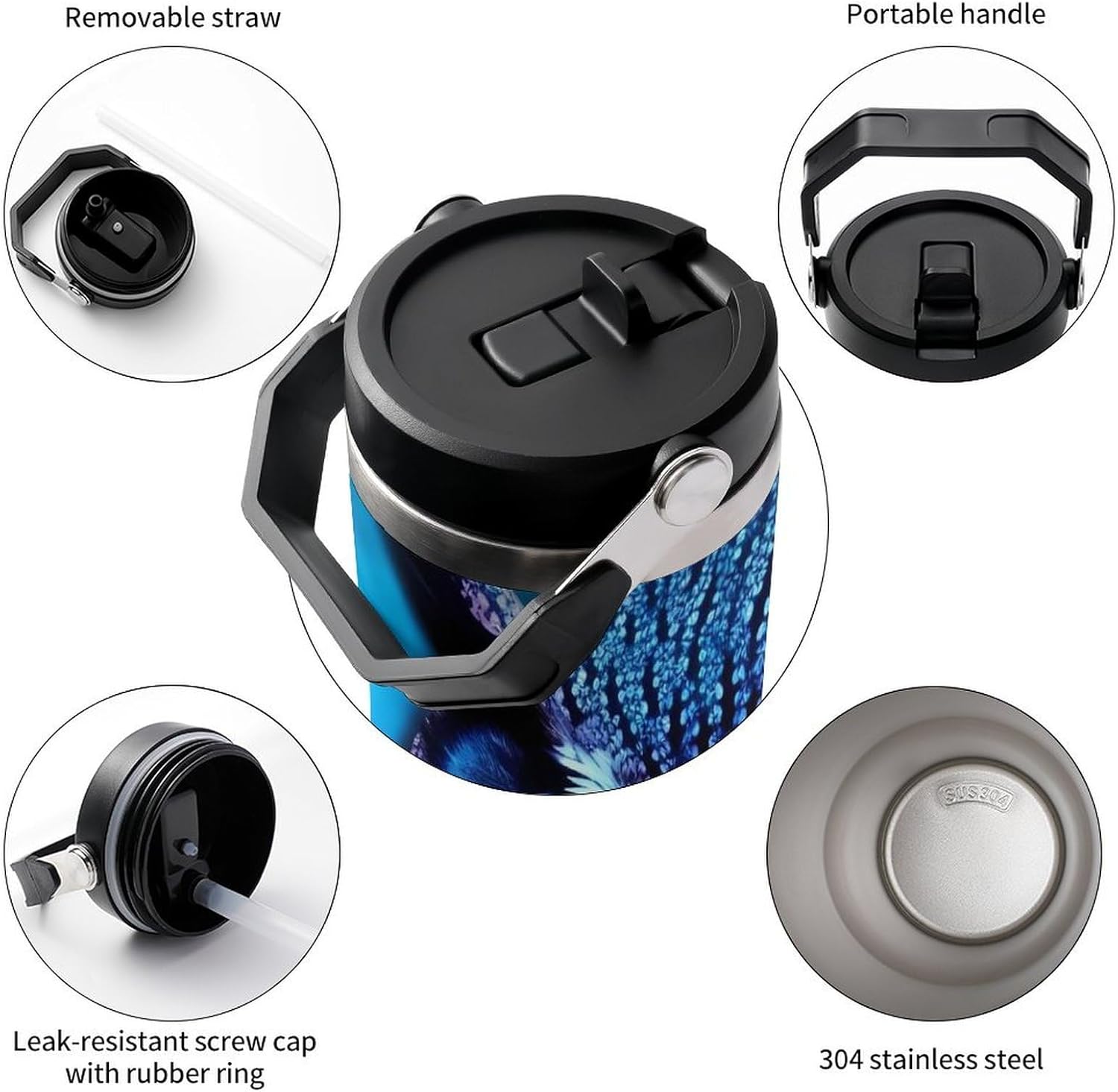 30oz Insulated Tumblers with Top Handle, Stainless Steel Blue Owl Car Cup with Straw for Gift, Leak-Proof Double Wall Vacuum Travel Mug, Personalized Water Bottles Black
