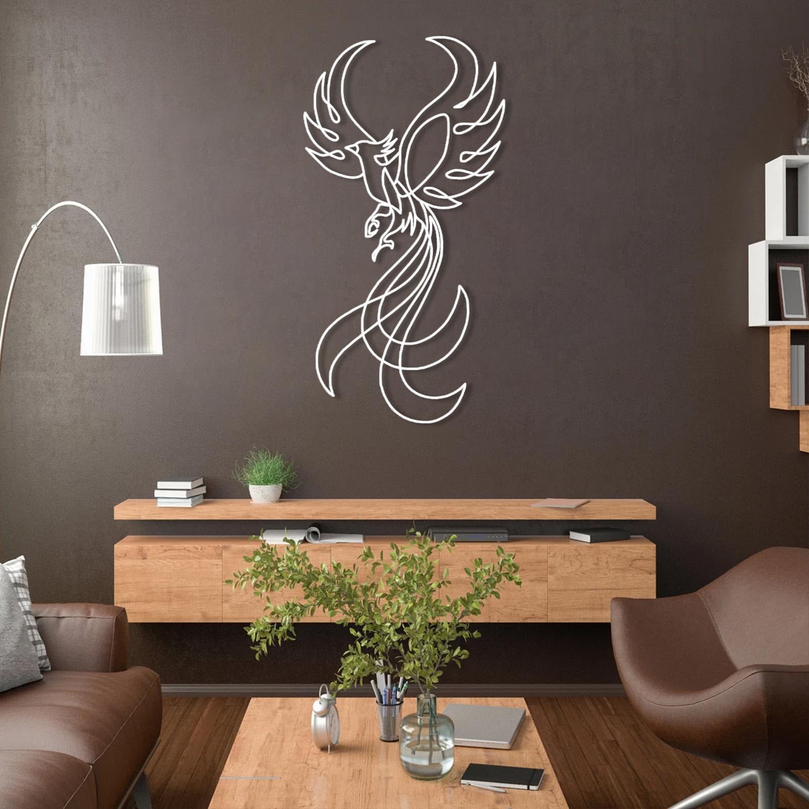 Nowoczesna minimalistyczna metalowa dekoracja ścienna z feniksem, mityczna wisząca do salonu, sypialni lub biura (czarna, 105 x 55 cm)