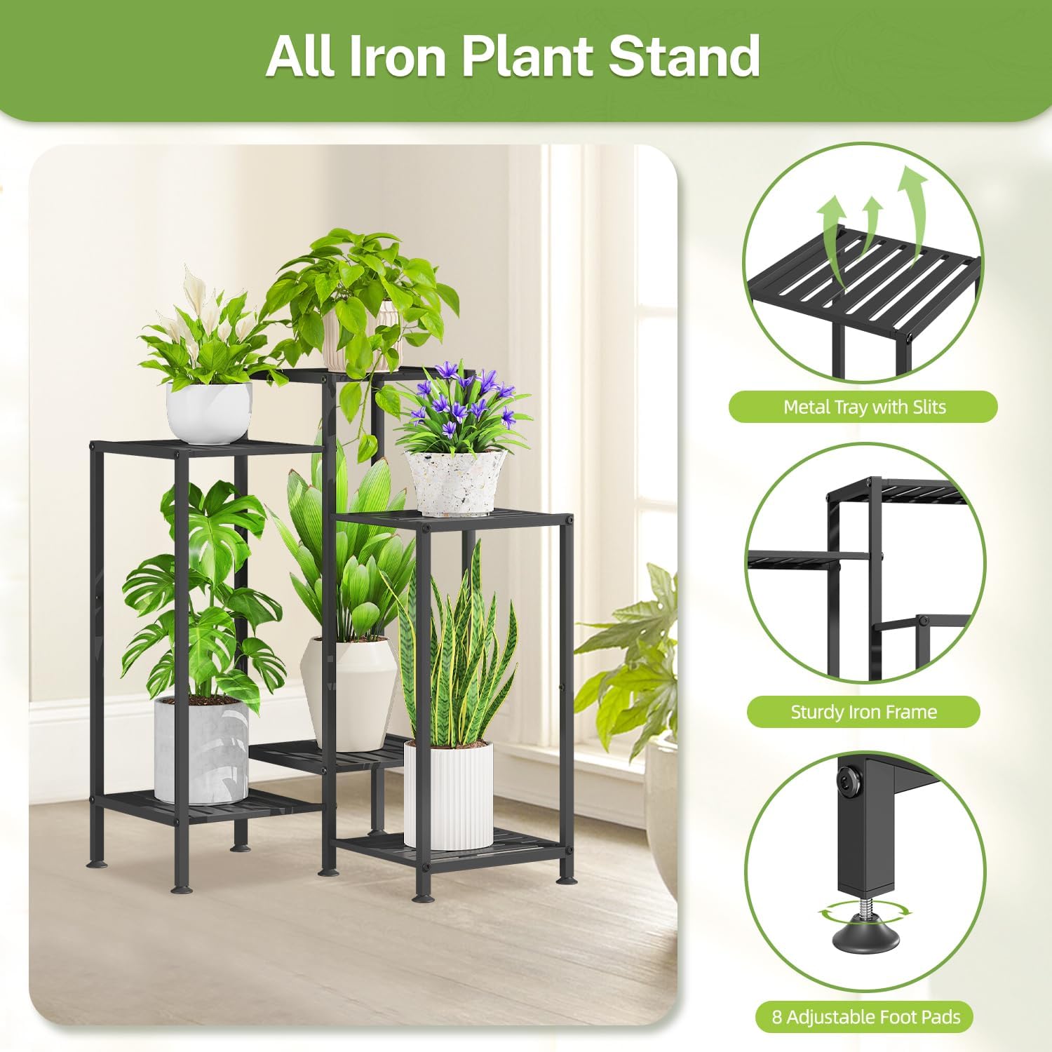 iDavosic.ly Indoor Plant Stand with Grow Light, Metal 6 Tier Corner Flower Holder Shelf Outdoor for Large Pots, Tall Rack for Patio Porch Balcony Living Room, Black