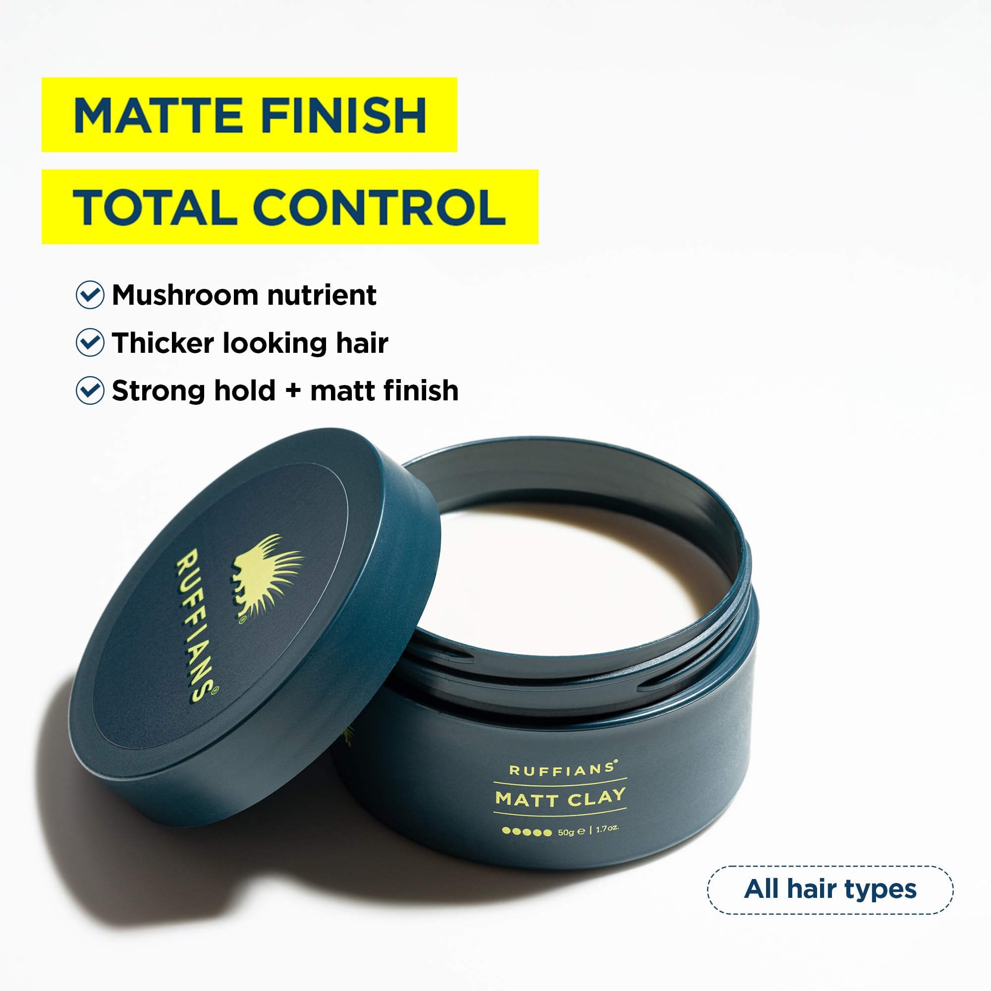 Ruffians Matt Hair Clay (1.7 Oz Fl / 50 ML) Strong Hold, Matt Finish, for All Hair Types Thicker Looking Hair, Haircare, Men’s Hair Gel - Image 3