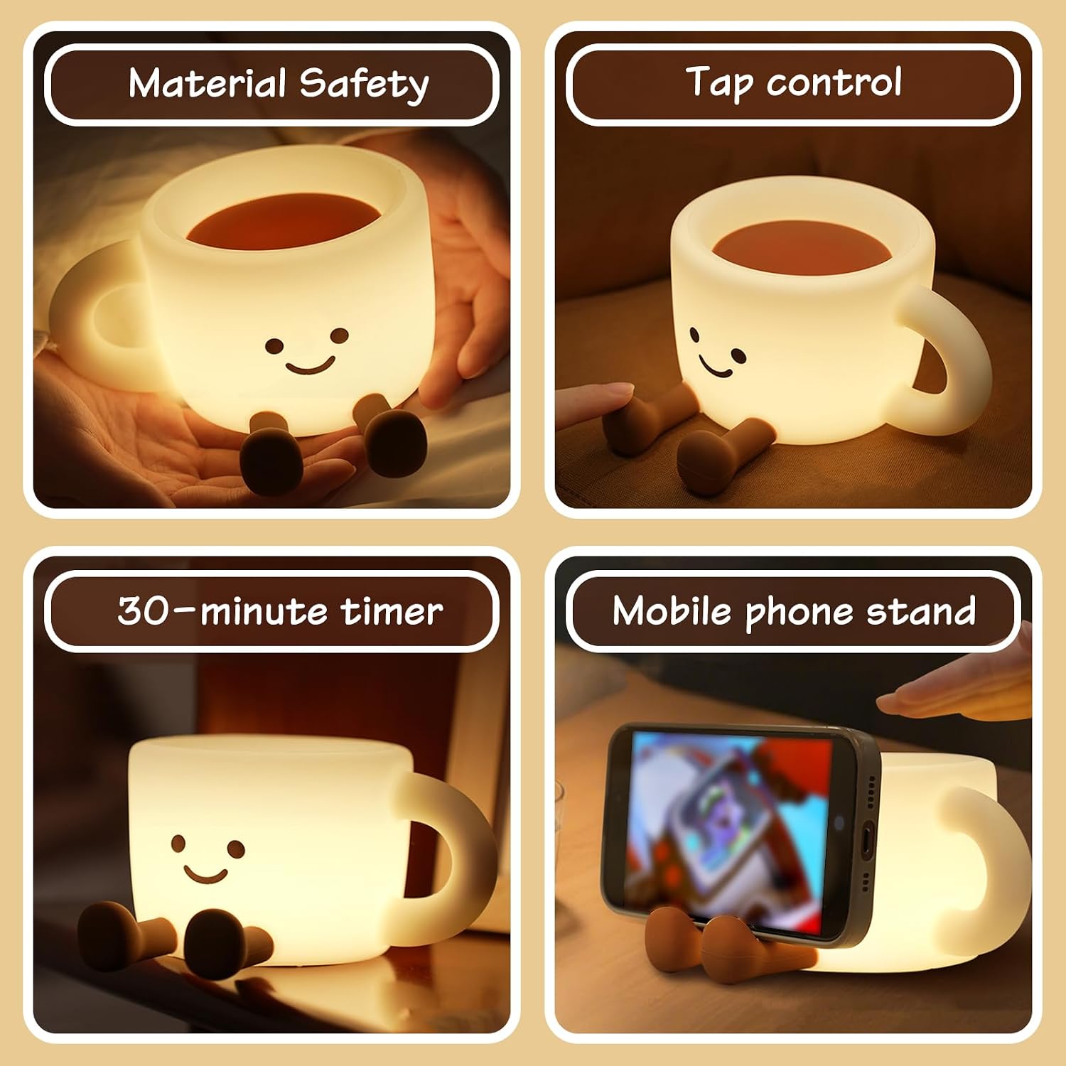Coffee Cup Night Light - 7 Color Changing Dimmable Warm Light, Touch Control Bedside Lamp with Timer, Rechargeable Portable Mood Light for Nursery, Bedroom, Gift