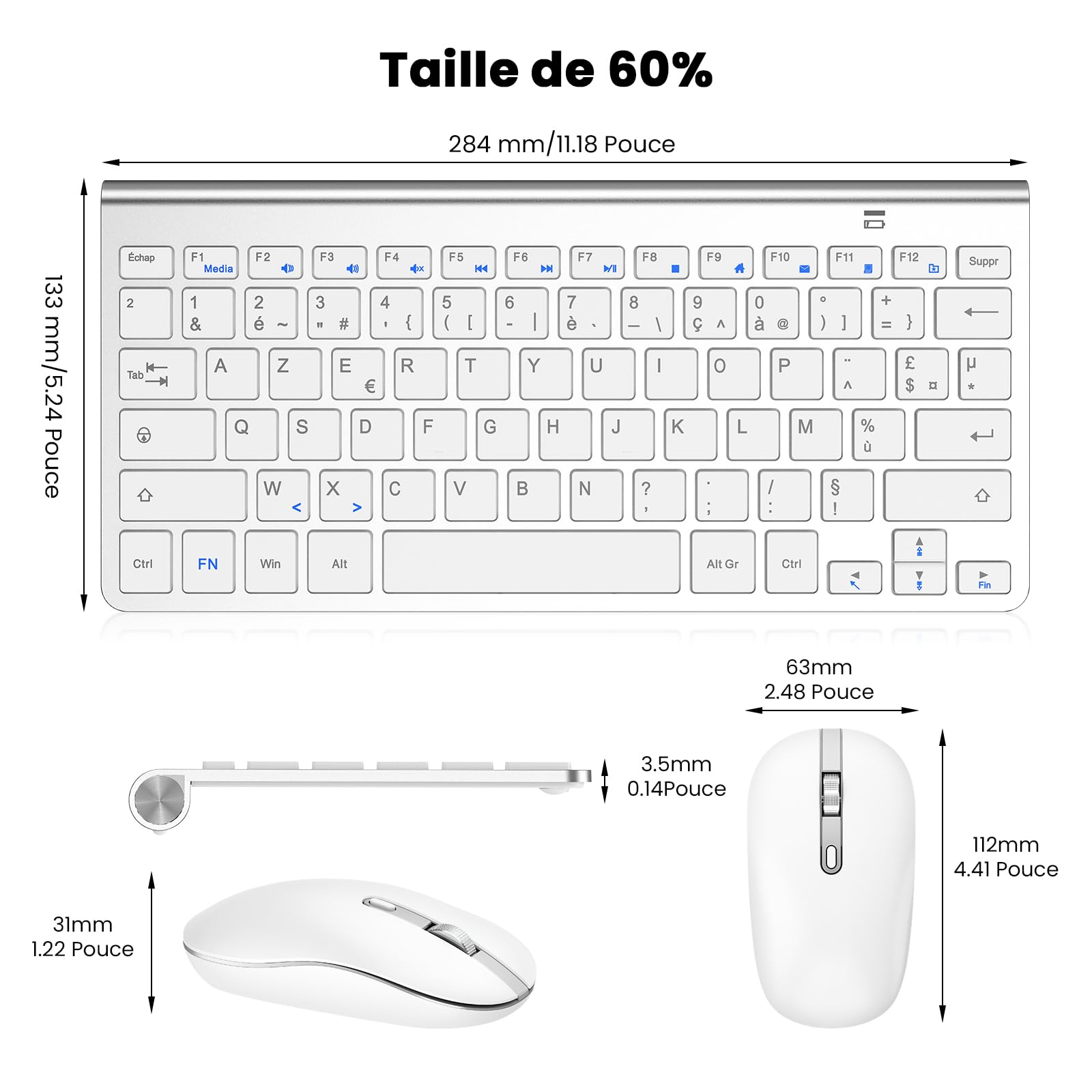 cimetech Ensemble Clavier et Souris sans Fil Silencieux, 2,4G Récepteur USB, AZERTY Mini Clavier Slim Compacte Portable et Moderne pour PC/Ordinateur Portable/Ordinateur de Bureau - Blanc