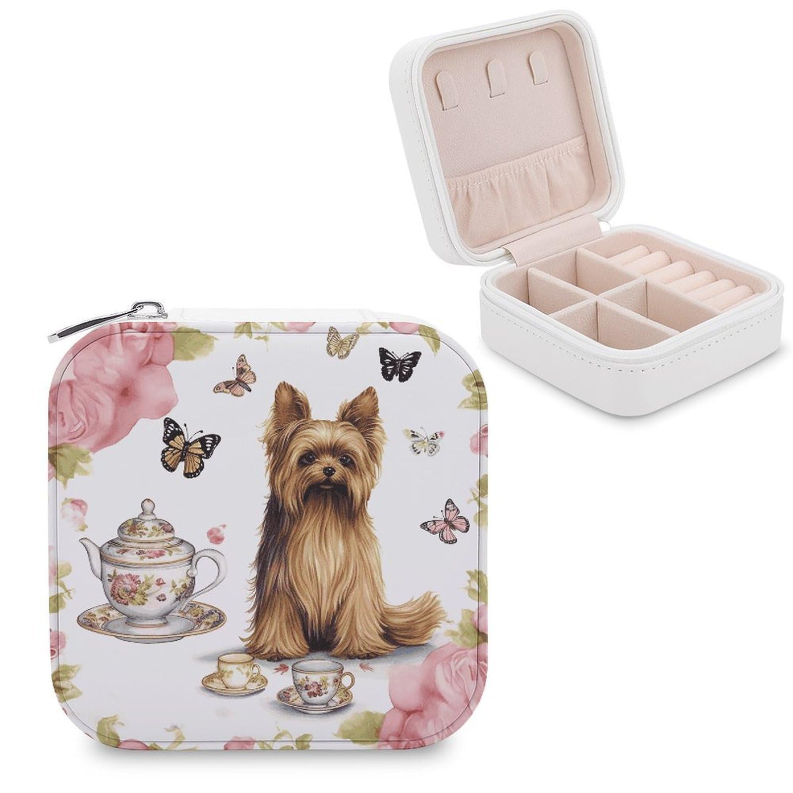 VstaDank Yorkshire Terrier Tea Party Butterflies Roses Jewelry Box Beautiful Portable Ring Boxes Cute Large-Capacity Jewelry Case Jewelry Organizer for Mothers Gifts for Earrings Rings Hand Bracelet