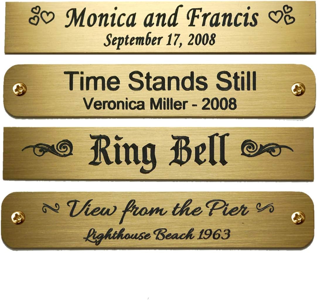Engraved Plate, Custom Personalized, Brushed Gold Solid Brass Picture Frame Plaque Name Label Art Tag for Frame, with Adhesive Backing or Screws - Indoor use only, Made in USA, Size: 3" W x 1/2" H