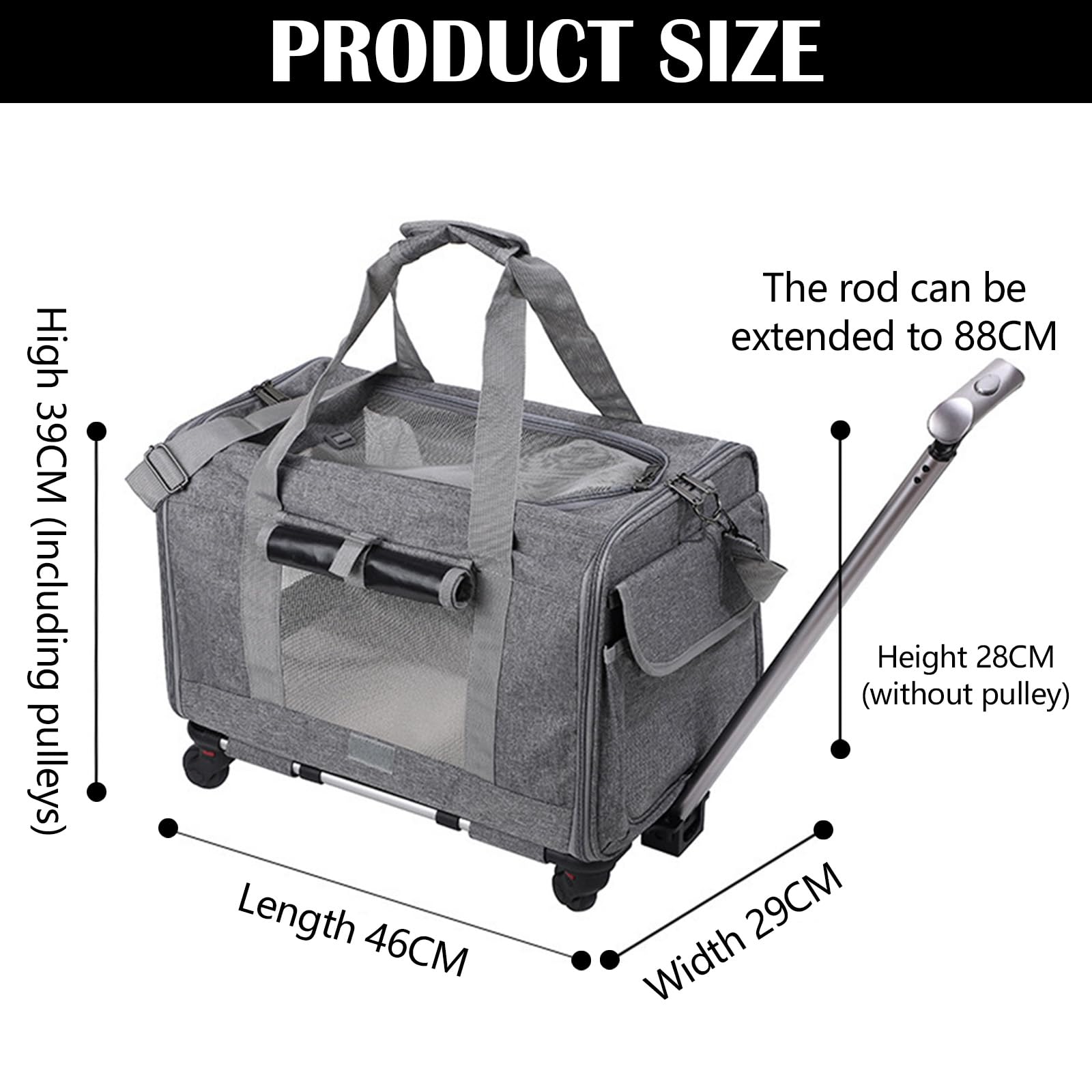 Transportín para gatos y perros, 48x40x32 cm, bolsa con asa telescópica, contenedor plegable para 1-2 animales de hasta 13,5 kg, con ruedas