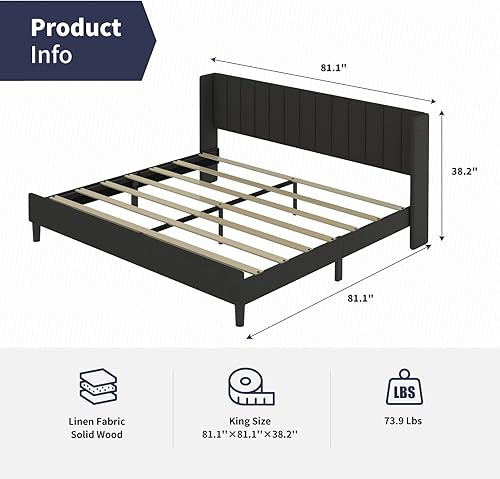 Miniatura 7 de Base de cama tapizada de lino de algodón con cabecero, cabecera con respaldo de ala, base de metal sólido, no necesita somier, soporte de listones