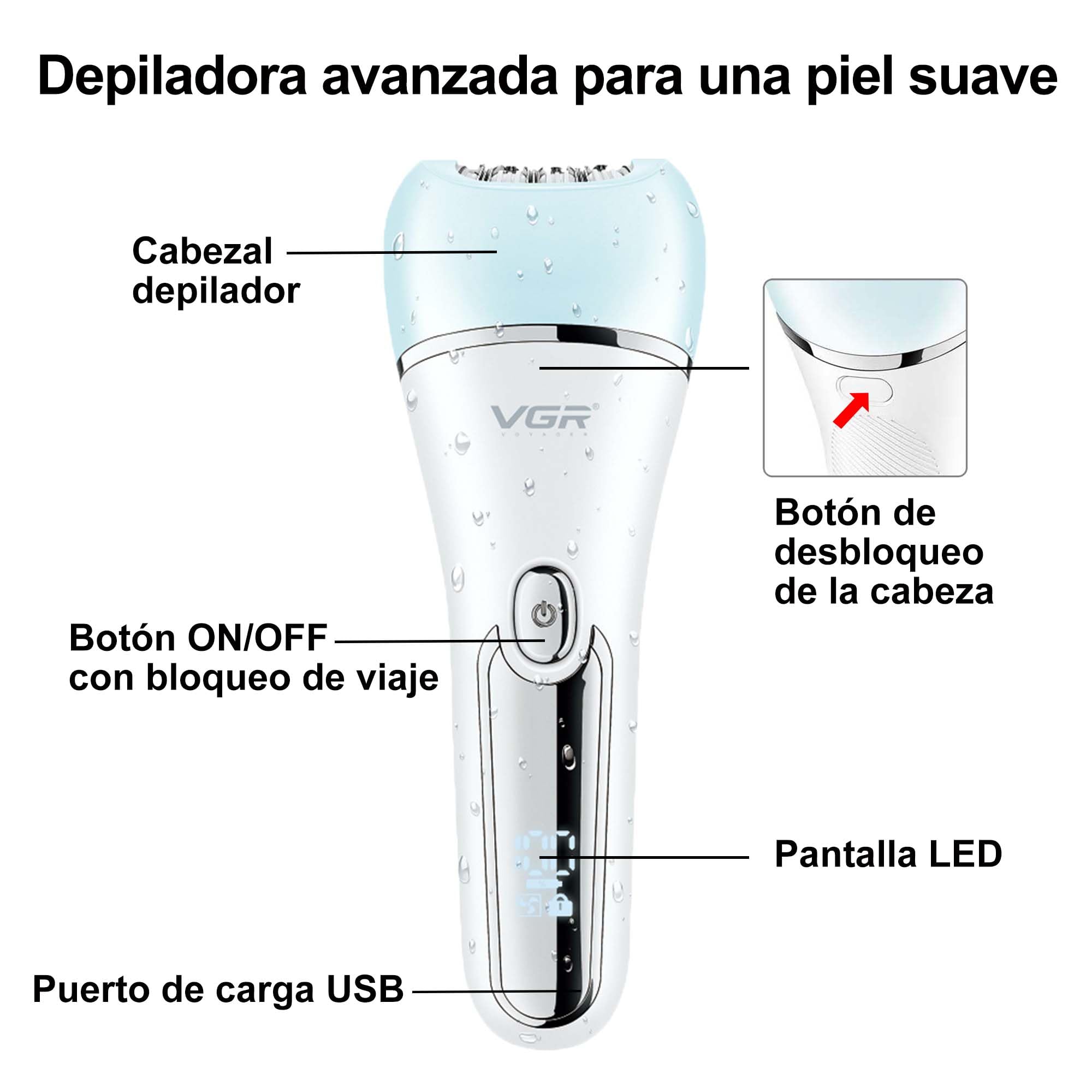 VGR 733 Depiladora Mujeres, 6 en 1 Inalámbrica y Recargable Maquina Depilar, Seco y Húmedo Recortador eléctrica, Afeitadora Facial y Corporal para Cara, Piernas, Axilas, Azul