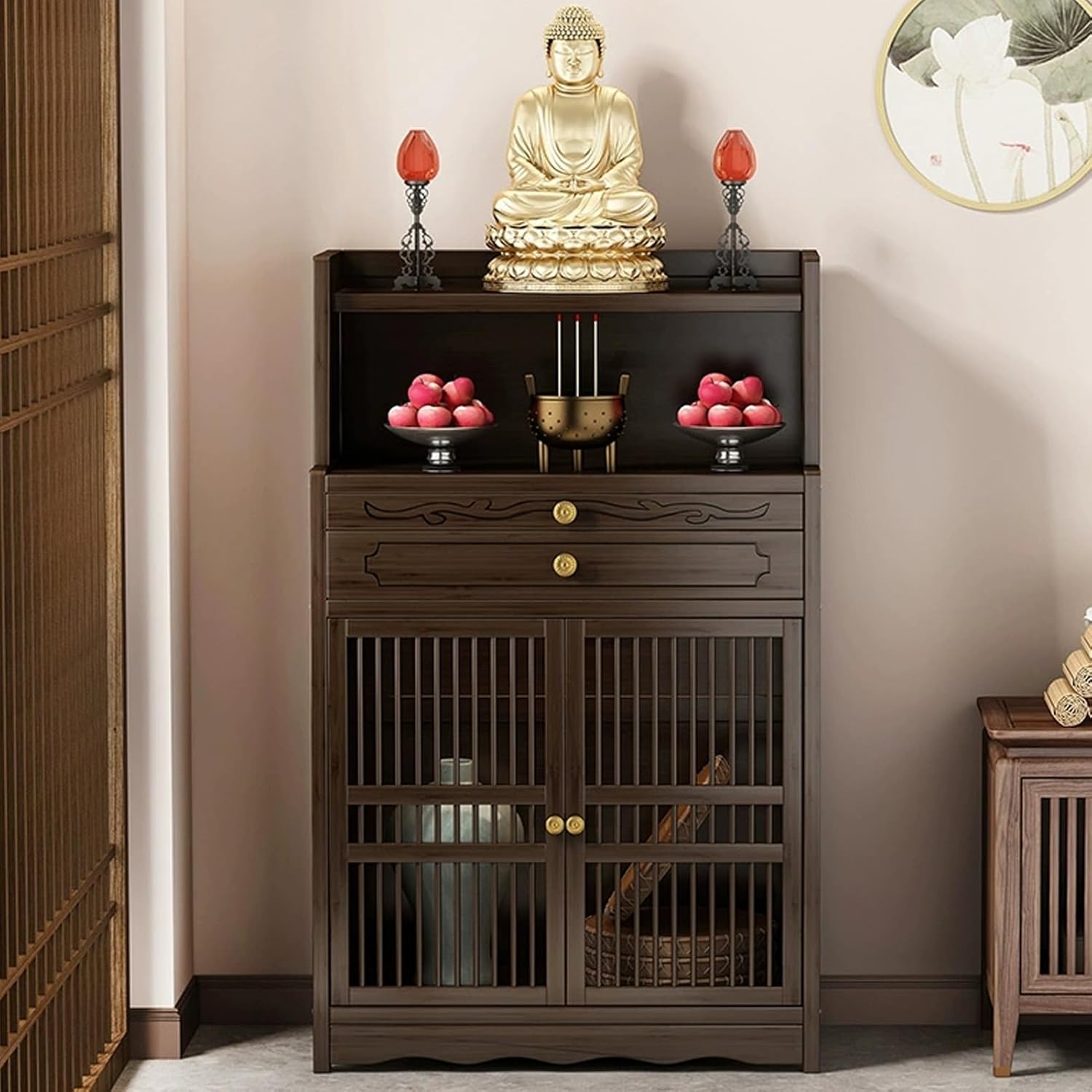 Altar Table, Chinese Cabinet Pedestal Offering Table, Prayer Meditation Tables, Bamboo Buddhist Altar Cabinet, Altars Cabinet Used to Place Photos, Souvenirs(Brown A)
