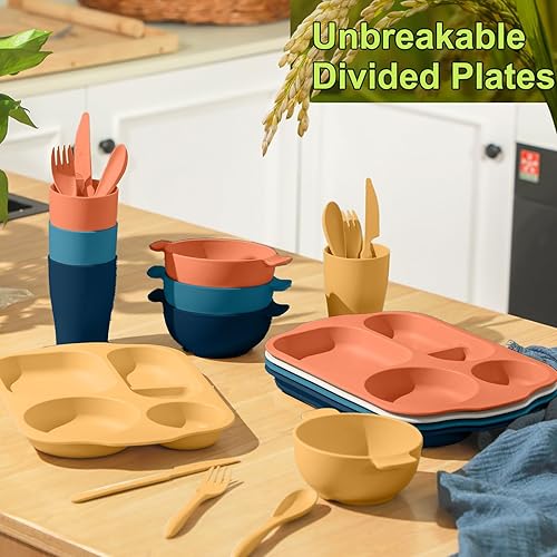 Miniatura 2 de Honoson Juego de 24 cubiertos de paja de trigo, incluye platos divididos para niños pequeños, aptos para microondas y lavavajillas, vajilla