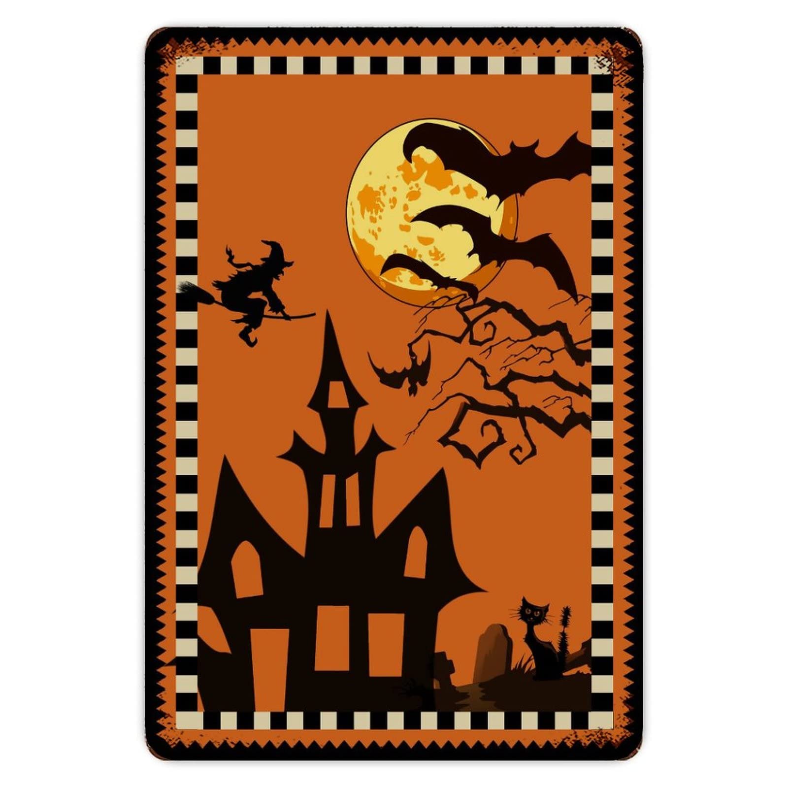 ENEDNATE Happy Halloween Scary Night Moon Witch Bats Black Cat Grave Aluminum Tin Sign 8x12 Waterproof Vintage Metal Sign for School Office Classroom Gate Garage Garden Home Wall Decor Gift