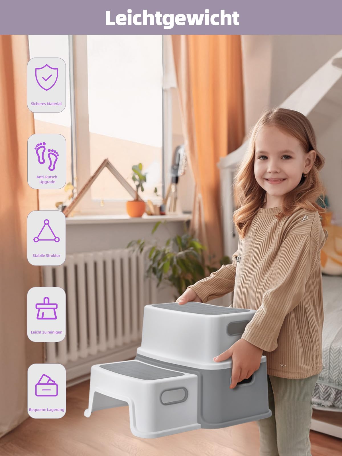 HOUSE DAY Sgabello per bambini, 2 gradini (altezza 25 cm), sicuro, con piedini antiscivolo per bagno, sgabello per WC, sgabello antiribaltabile