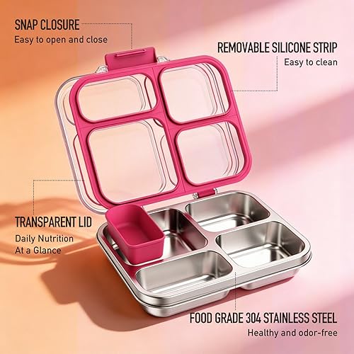 Miniatura 2 de Caja Bento de acero inoxidable de 4 compartimentos con recipiente de silicona para adultos, lonchera de metal para niños, sello de silicona
