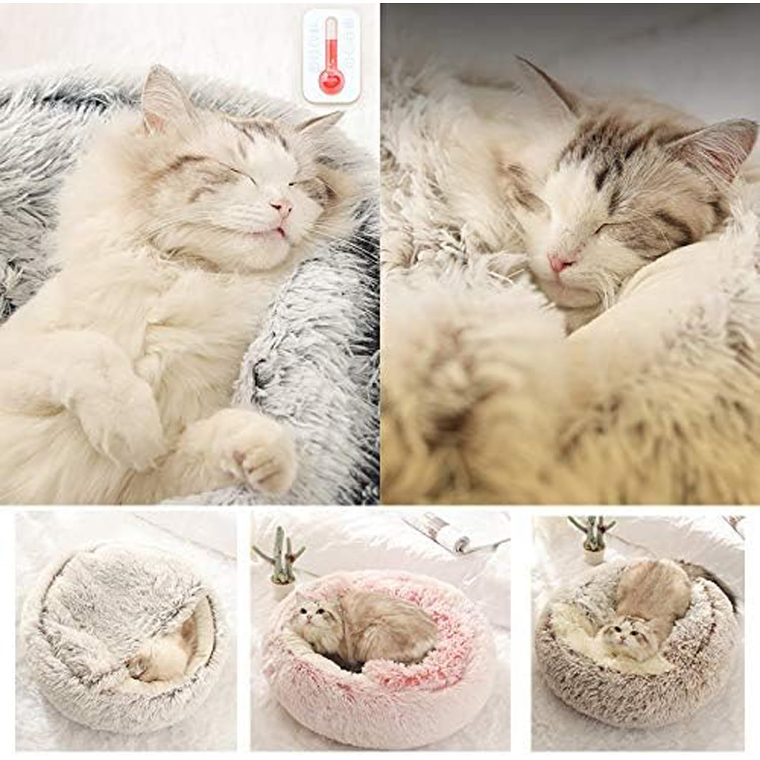Cama para Gatos Redonda Suave de Felpa, con Capucha, para Interiores, para Invierno, cálido, Antideslizante, Lavable a máquina, para Gatos, Cachorros, Grises, 2 50 cm