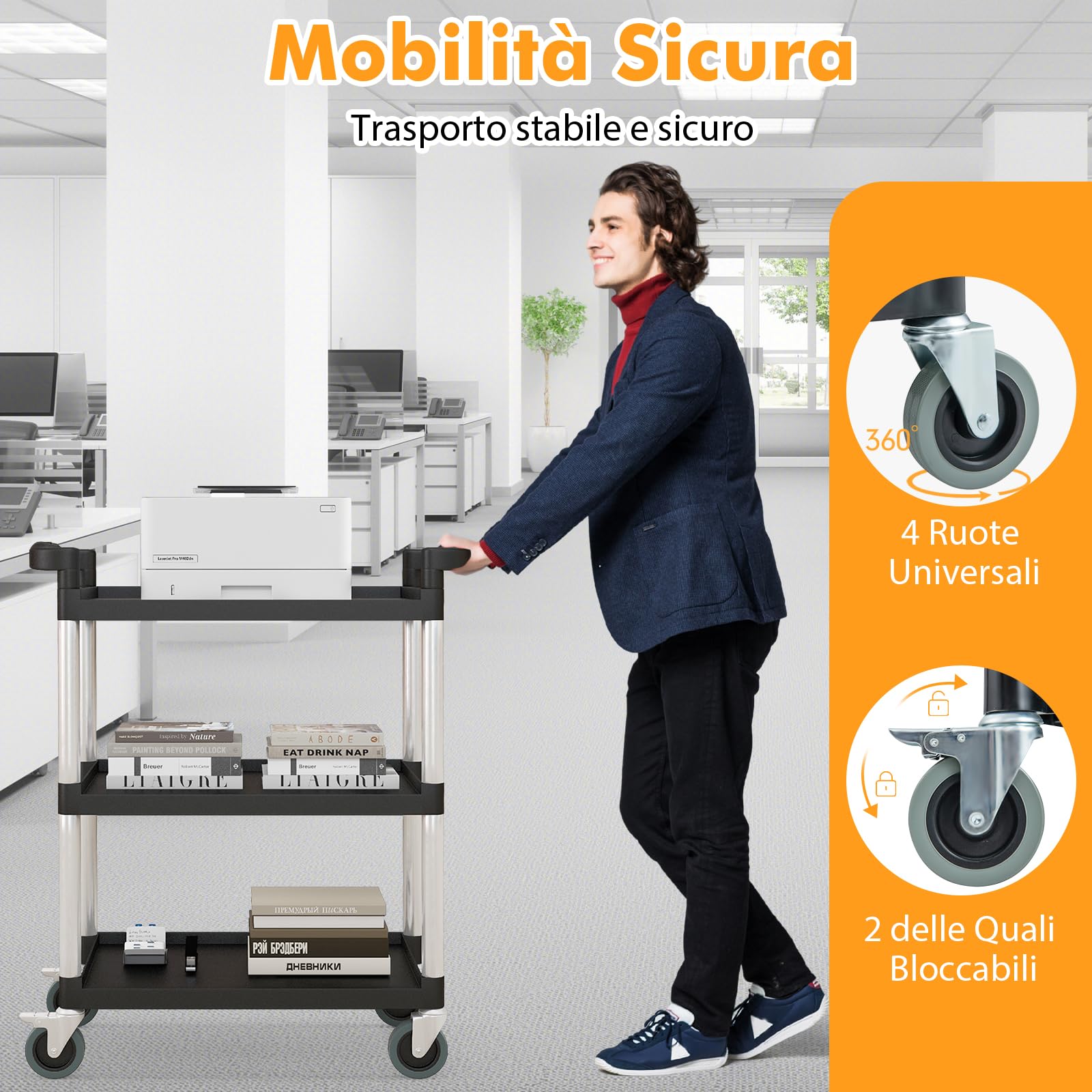 RELAX4LIFE Carrello di Servizio a 3 Livelli, Carrello in Alluminio con Ruote Universali e Bloccabili, Mobile per Cucina, Soggiorno, Ristorante, Hotel, Ufficio
