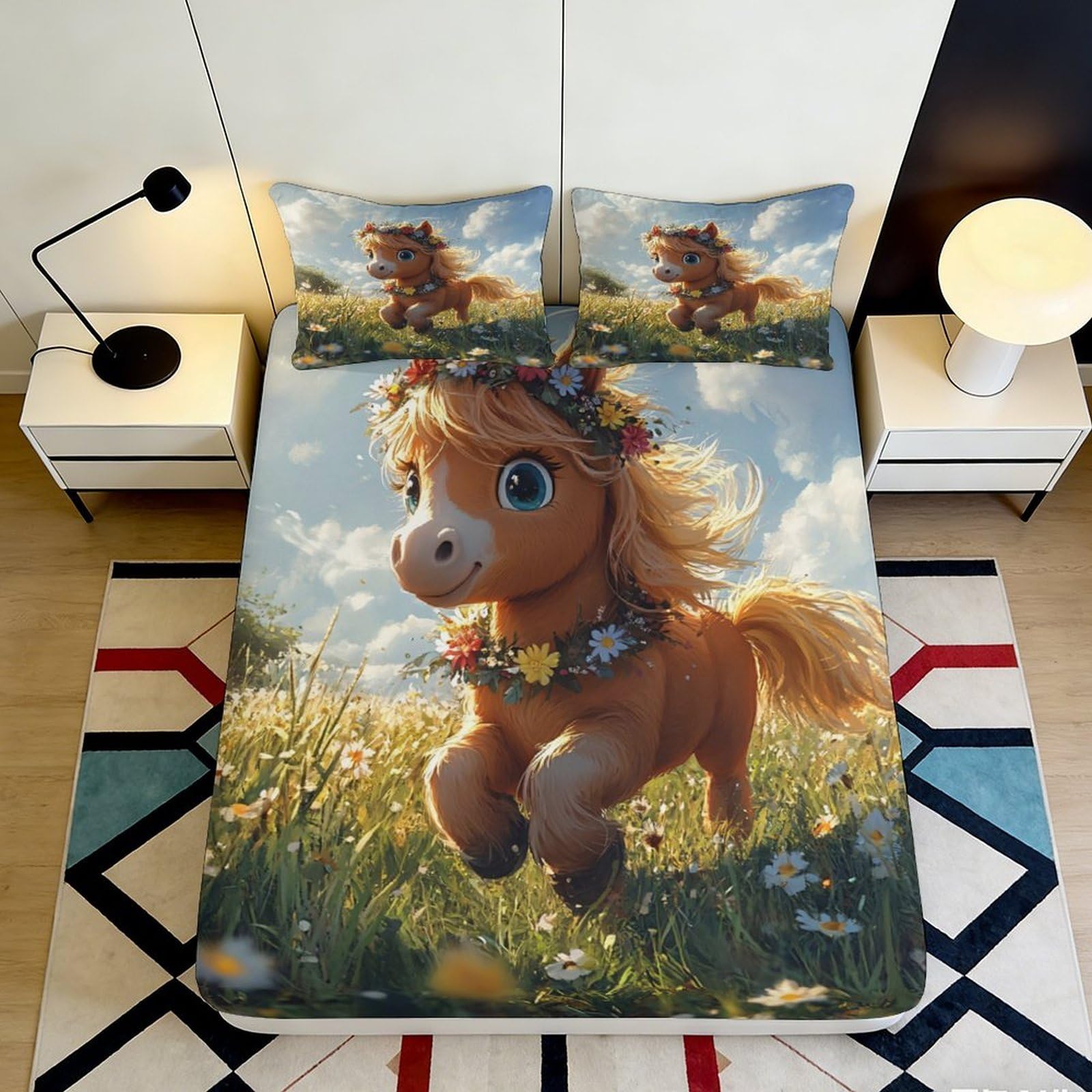 3D Printed pony meadow Fitted Sheet with soft touch, Microfiber, wrinkle resistant, bedroom decor, apartment bedding, dust proof, easy care, guest use, stylish accent 90x200x25cm