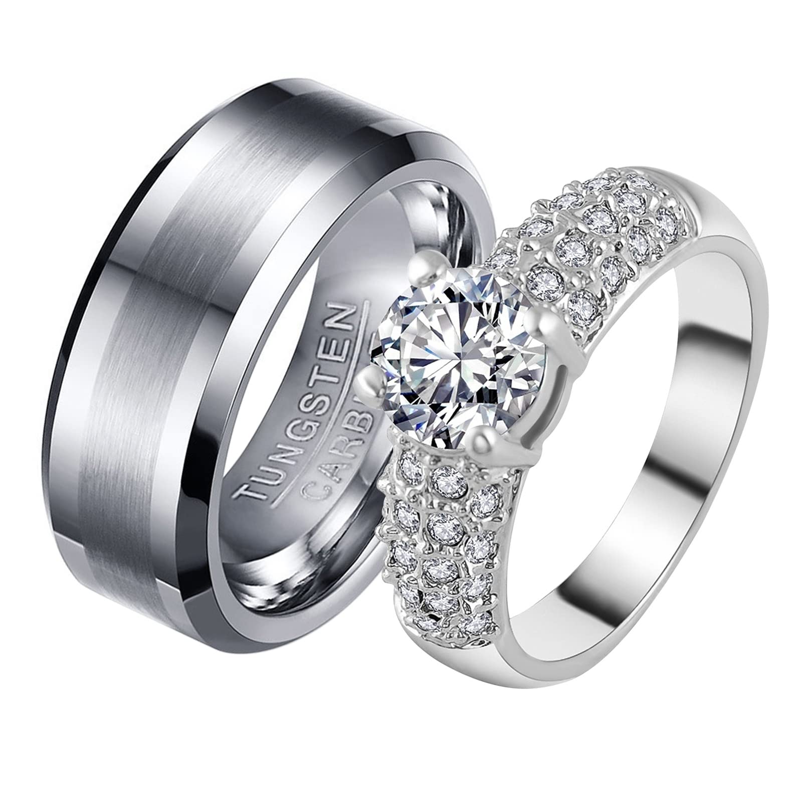 AmDxD Alianza para hombre, chapado en oro, anillo de compromiso para mujer, acero al Tungsteno, alianza para hombre, 0 0 unidades de circonio cepillado, W51.5 & M61.5, Chapado en oro acero de