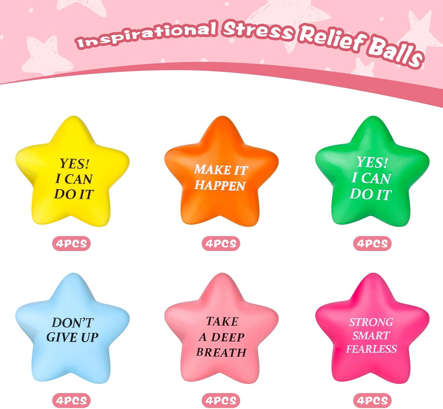 POPLAY 24PCS Inspirational Stress Relief Balls, 2inch Star Stress Balls Colorful Foam Squeeze Balls Motivational Stress Balls for Kids Adults Anxiety Fidget Sensory (Pack of 2)