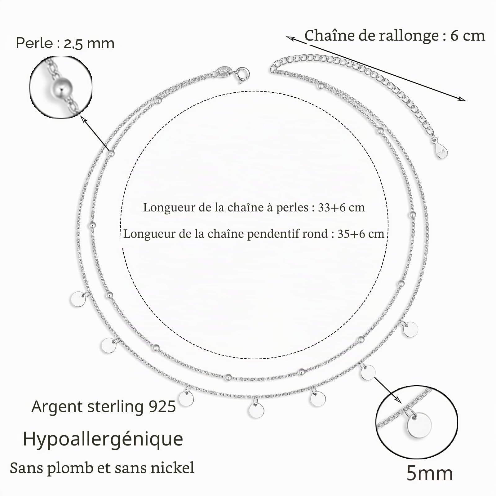 Collier ras-du-cou en argent sterling 925 avec pendentif en forme de pièce - Chaîne réglable pour femme