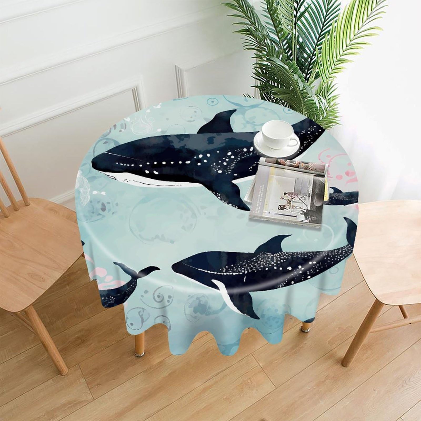 MUSM 60 Inch Whale Round Tablecloth Wipeable Washable Table Cover for Kitchen and Dining Room Decorative Table Cloth for Party Holiday Picnic Outdoor