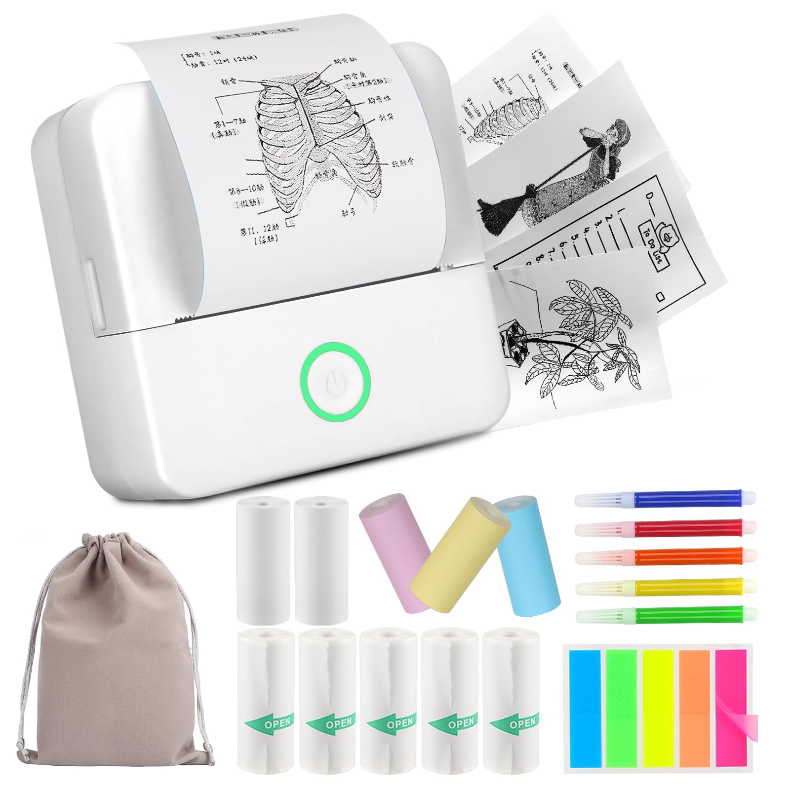 Mini Drucker, Wireless Bluetooth Fotodrucker Tragbarer Thermodrucker Smartphone Taschendrucker Kompatibel mit Android & iOS mit 10 Rollen Papier für Studium Notizen Fotos (White)