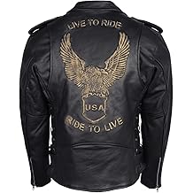 Men's Eagle Embossed Live To Ride - Ride To Live Classic Black Leather Motorcycle Biker Jacket