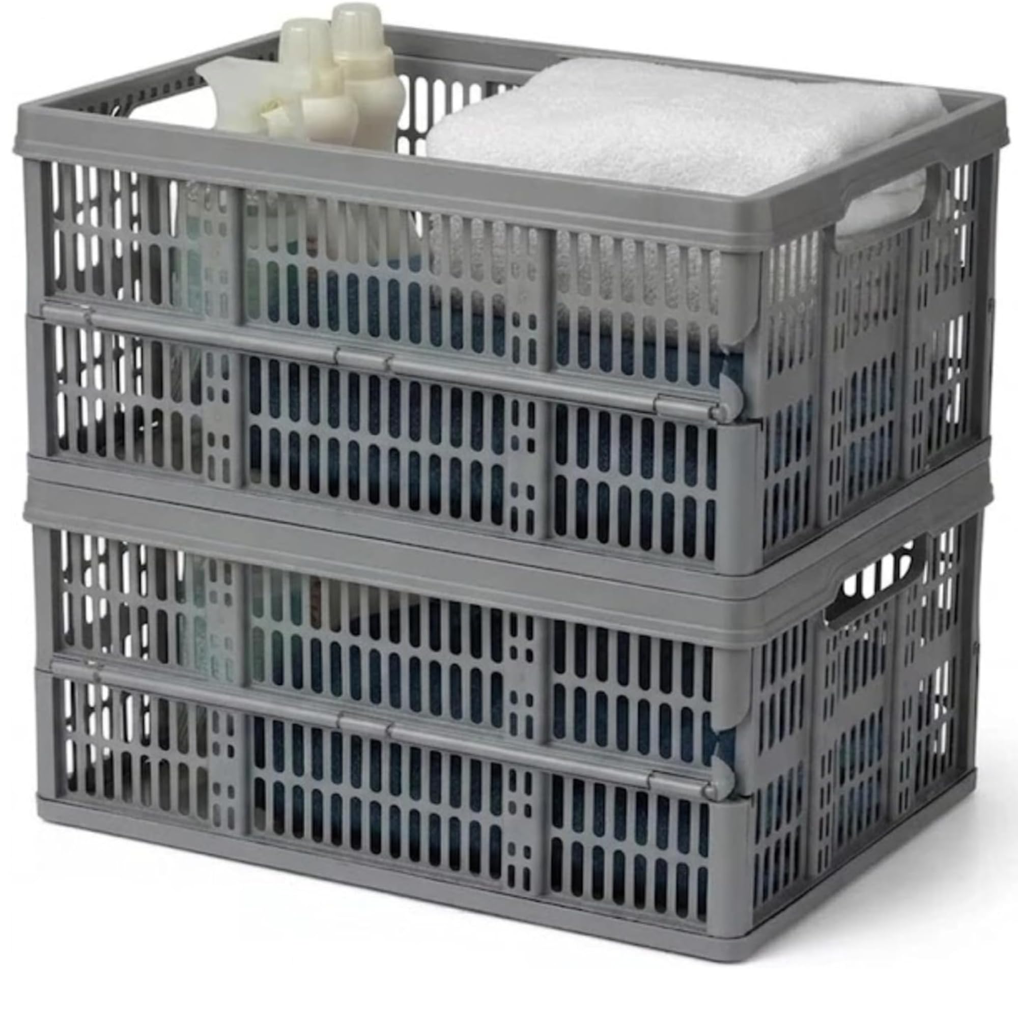 ALEEZ 32 Litre Folding Collapsible Plastic Storage Crates - Grey Heavy Duty Stackable Basket With Handles - Space Saving Foldable Basket for Clothes Vegetables Fruits Garage Organizer (2x 32L Grey)