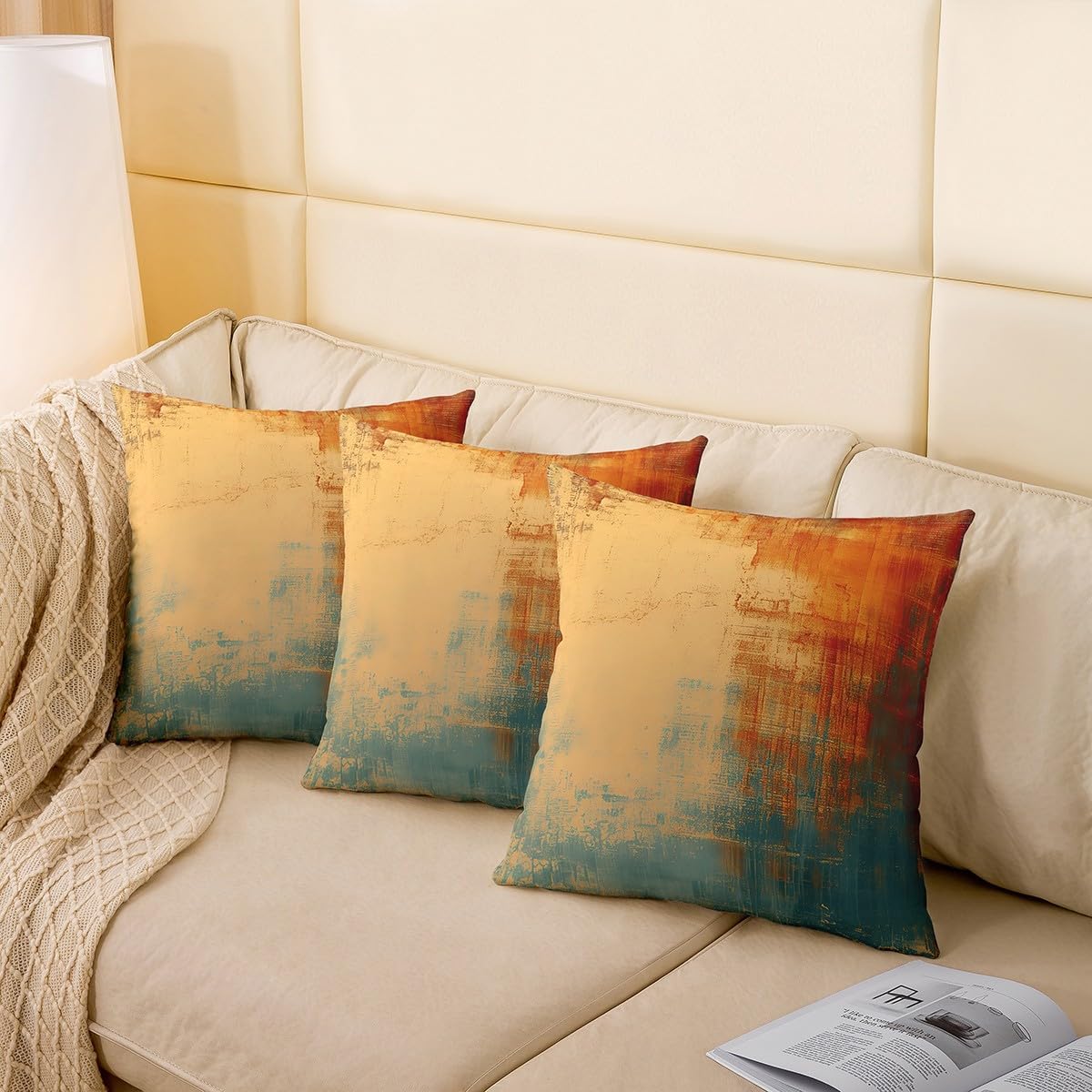 Feelyou Vintage Abstract Throw Pillow Cover 24"x24" Soft Blue and Brown Messy Rust Painting Pillow Case Cushion Cover for Living Room Modern Grunge Art Decorative Throw Pillowcase for Sofa Couch