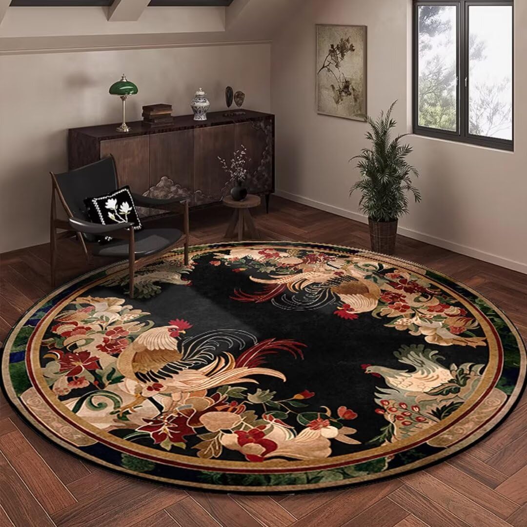 Round Rooster Area Rug 4 Feet Circle Rooster Rugs Washable Non Skid Chicken Floor Mats for Living Dinning Room Bedroom Farmhouse Hen Carpets