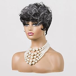 MOONSHOW Grey Wigs for Black Women Black Mixed Grey Pixie Cut Wig Short Gray Hair Wigs for Black Women Synthetic Ombre Grey Short Curly Pixie Wig (Ombre Grey)