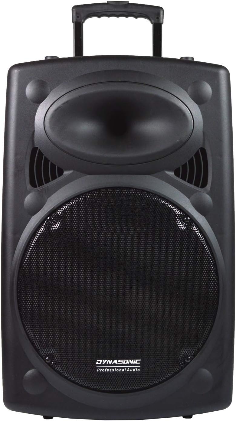 Front view of the Dynasonic Dynapro 15 portable speaker, showing the main speaker grille and horn tweeter.
