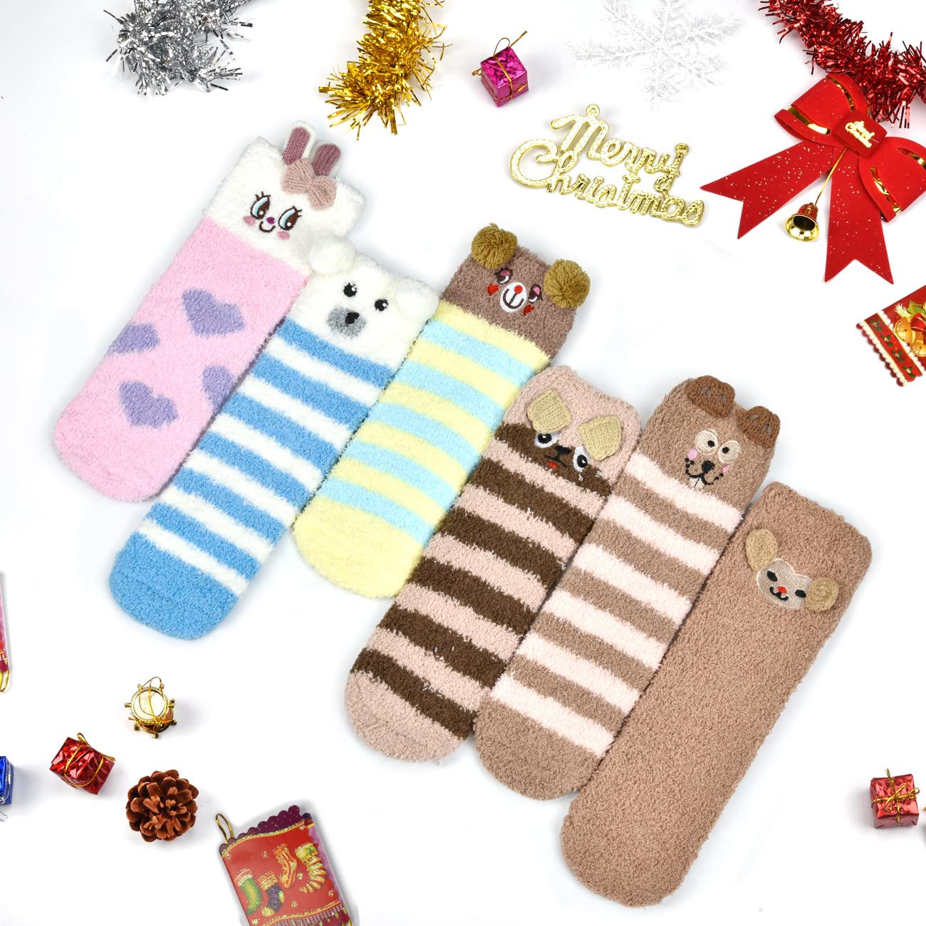 colornival 6 Paia Calzini Natalizi Calze Donna Invernali, Morbide Soffici Termiche Calzini Pile di Corallo Pantofola - Calzettoni Caldi da Pavimento per Casa e Letto