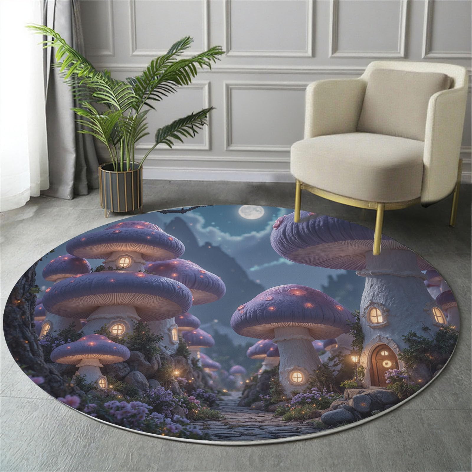 Tapis rond violet pour salon et chambre décor féerique 120cm
