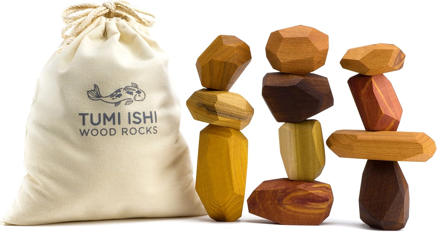 11 Piece Wood Rock Set - Mixed Wood Species - Balancing Blocks - Natural Wood Toy - Organic Jojoba oil and Beeswax Finish - Handmade Wooden Toys - Sensory Toy - USA Made - Personalizable