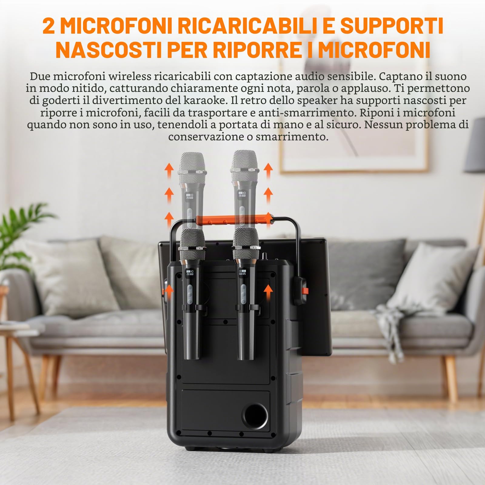 Altoparlante Bluetooth portatile per karaoke con schermo HD da 14,1 pollici, mirroring dello schermo wireless per iOS e Android, 2 microfoni wireless, AUX/USB/scheda TF, visualizzazione dei testi