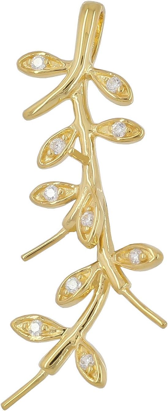 18kt Gold Plated Sterling Silver Leaf Tree CZ Pendant Bail Pearl Holder Cup Pin