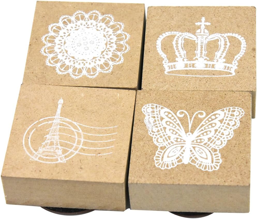 Youkwer 4 Pcs Classical Style Cute Wooden Rubber Stamps DIY Diary Scrapbook Stamps Set with Inkpad （Lace, Tower, Butterfly, Crown）