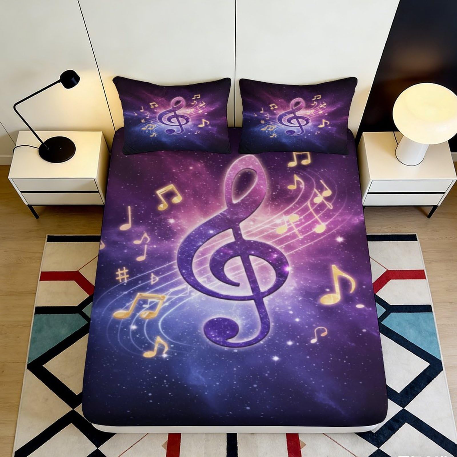3D Printed Musical Pattern Fitted Sheet Microfiber Deep Pocket Bedroom Bedding Music Mattress Fitted Cover Non-Slip for Adults Teens 90x200x25cm