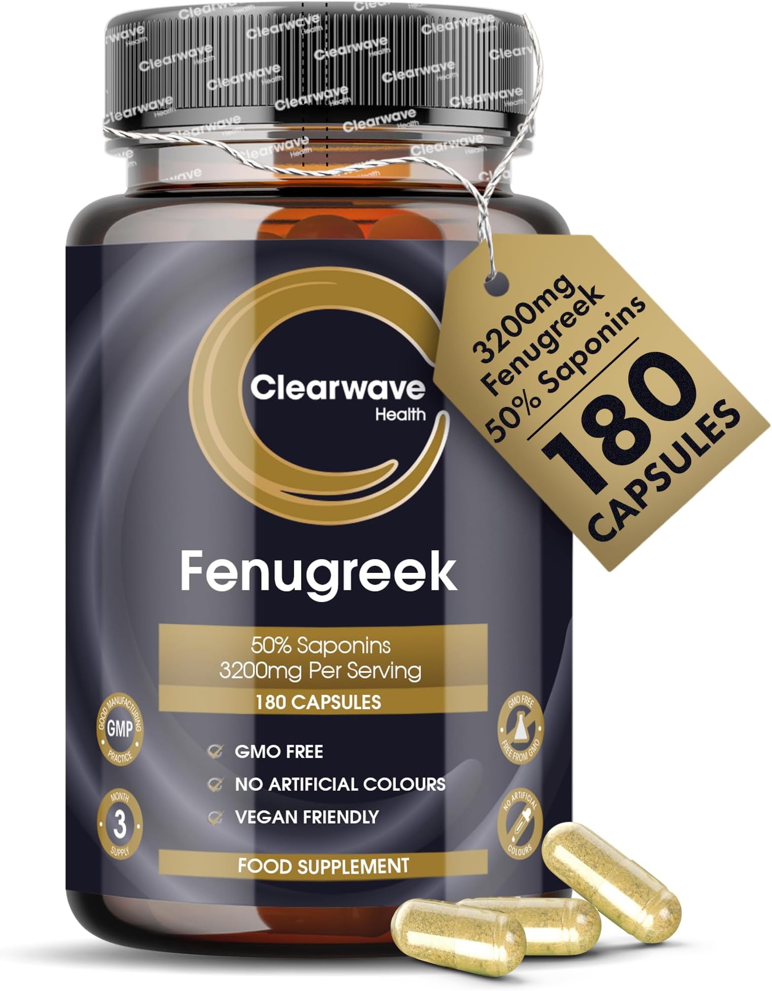Fenugreek Capsules |180 Vegan Capsules | 3200mg - 50% Saponins | High Strength Fenugreek Powder | Easy to Swallow | By Clearwave Health