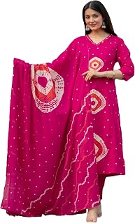 Pistaa's Women’s Pure Cotton Bandhani Print Kurta Set with Dupatta Price In India